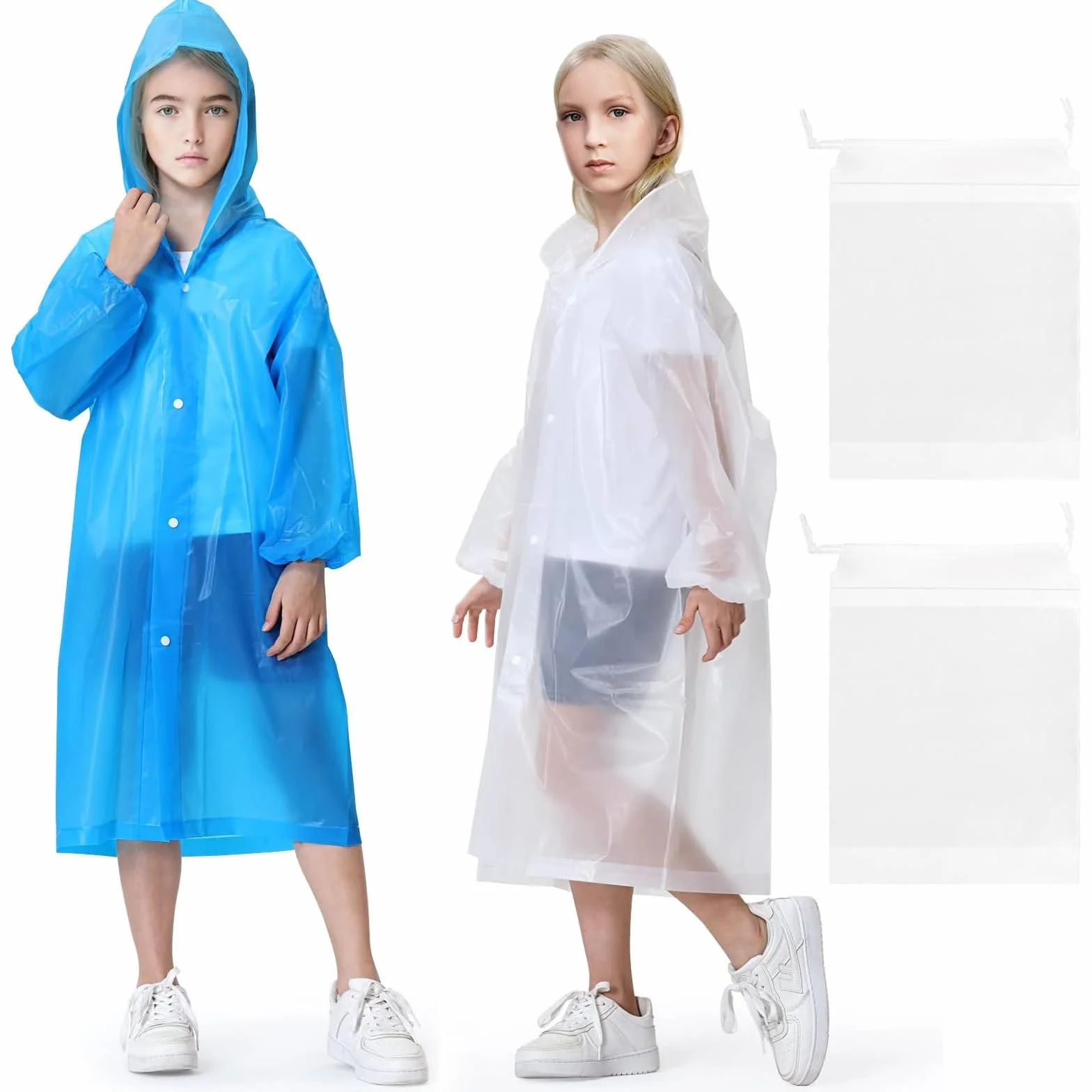 2Pcs Chubasquero Transparente de Niños Reutilizable, Capa Impermeable de Niños Portátil, Poncho de Lluvia de Goma EVA de Niños con 2 Bolsas con Cordón para Niños y Niñas de 5 a 12 años