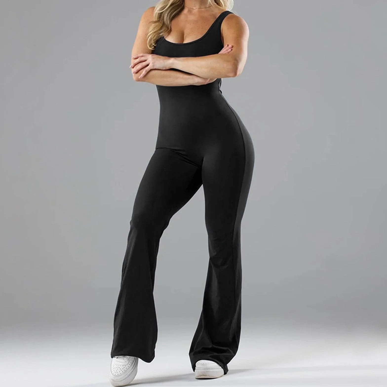 Mono deportivo mujer sin mangas levantamiento caderas vientre acolchado pecho leggings pierna acampanada largos