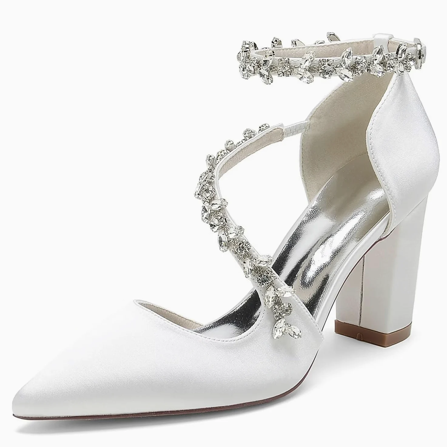 Zapatos de tacón de bloque con adornos de cristal para mujer, tacones gruesos de 3 pulgadas con punta cerrada para novia, baile de graduación y cócteles