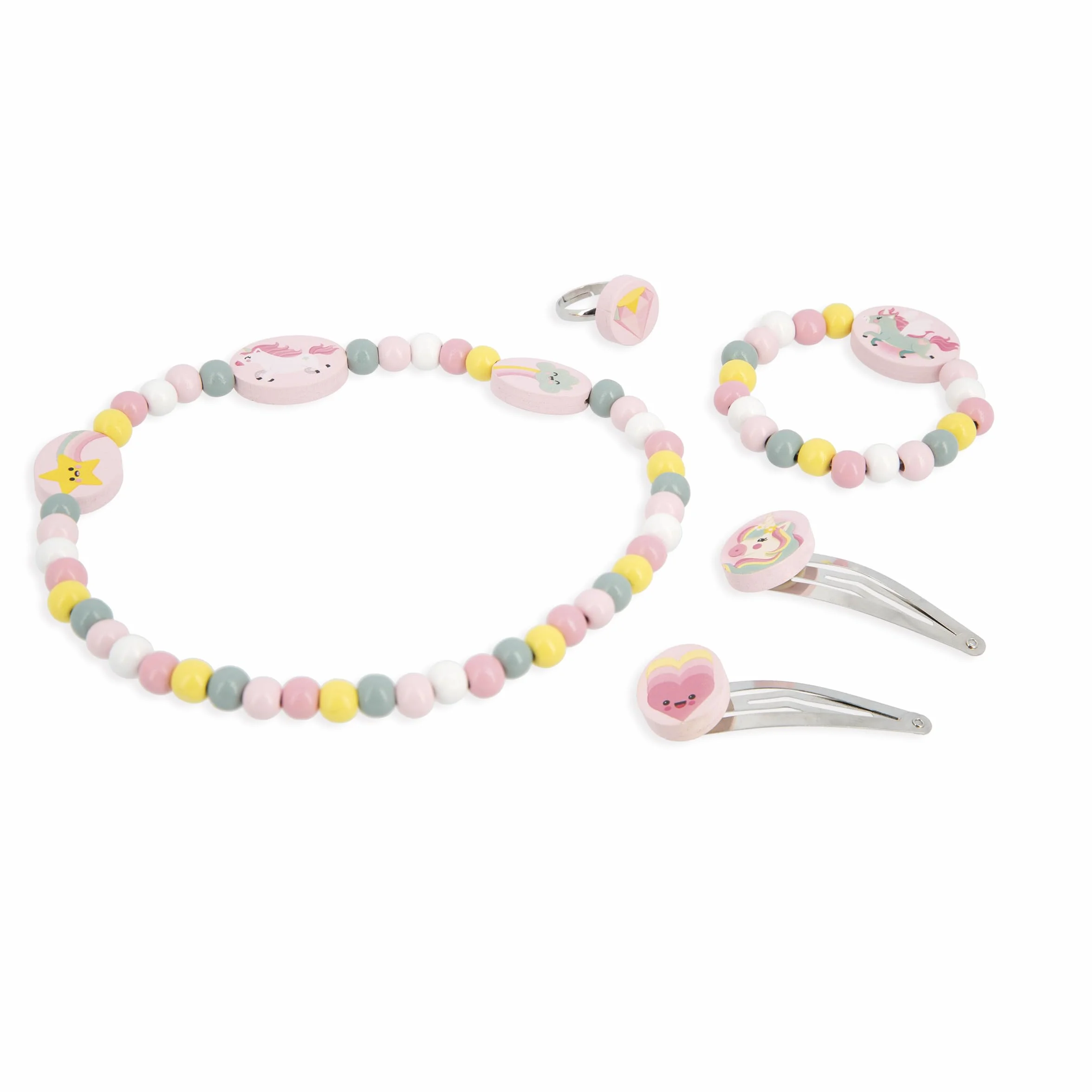 Janod Set de 5 Joyas de Madera Unicornios - Collar, Pulsera, Anillo y 2 Clips - FSC - A Partir de 3 Años