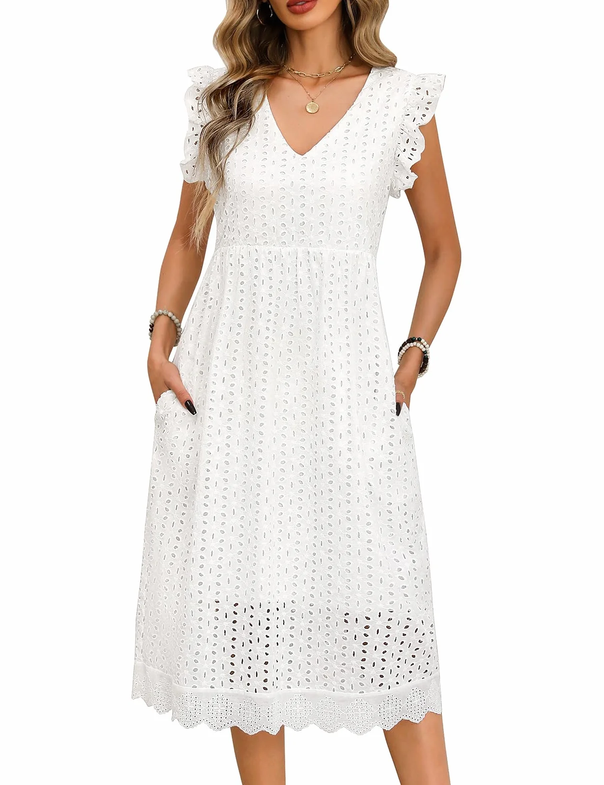 Vestido Largo Mujer Verano Casual Cuello V Manga Volante Cintura Alta A-Line Bolsillos