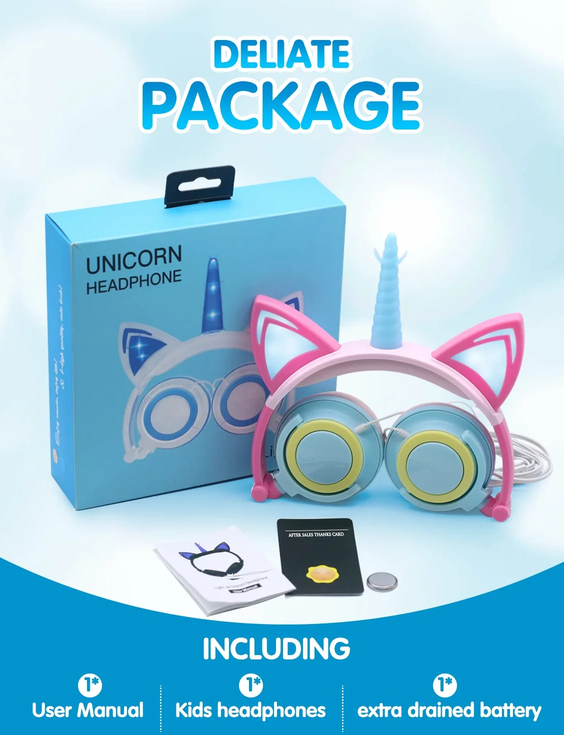 ONTA Auriculares para Niños con Orejas de Gato Iluminados con LED Plegables sobre Oído, Auriculares Resplandor Unicornio para Niños para la Escuela, la Casa, Cable Sin Enredos (Polvo Azul)