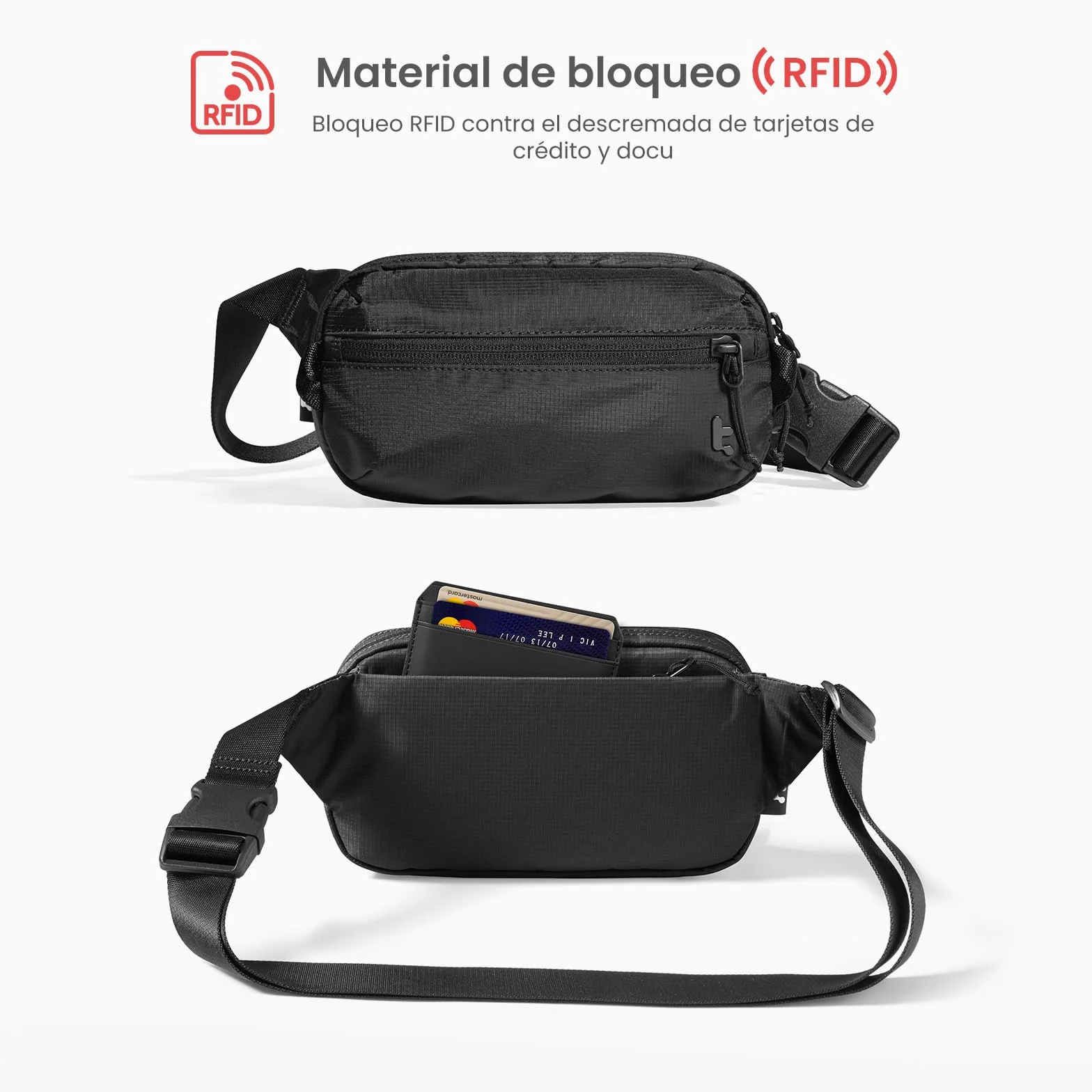 tomtoc 1,5 L Bolso Bandolera Sling Bag con Protección RFID, Riñonera Antirrobo Bolso Cruzado/Pecho Crossbody para Hombre y Mujer, Ligero y Resistente a Salpicaduras para Viajes y Uso Diario, Negra