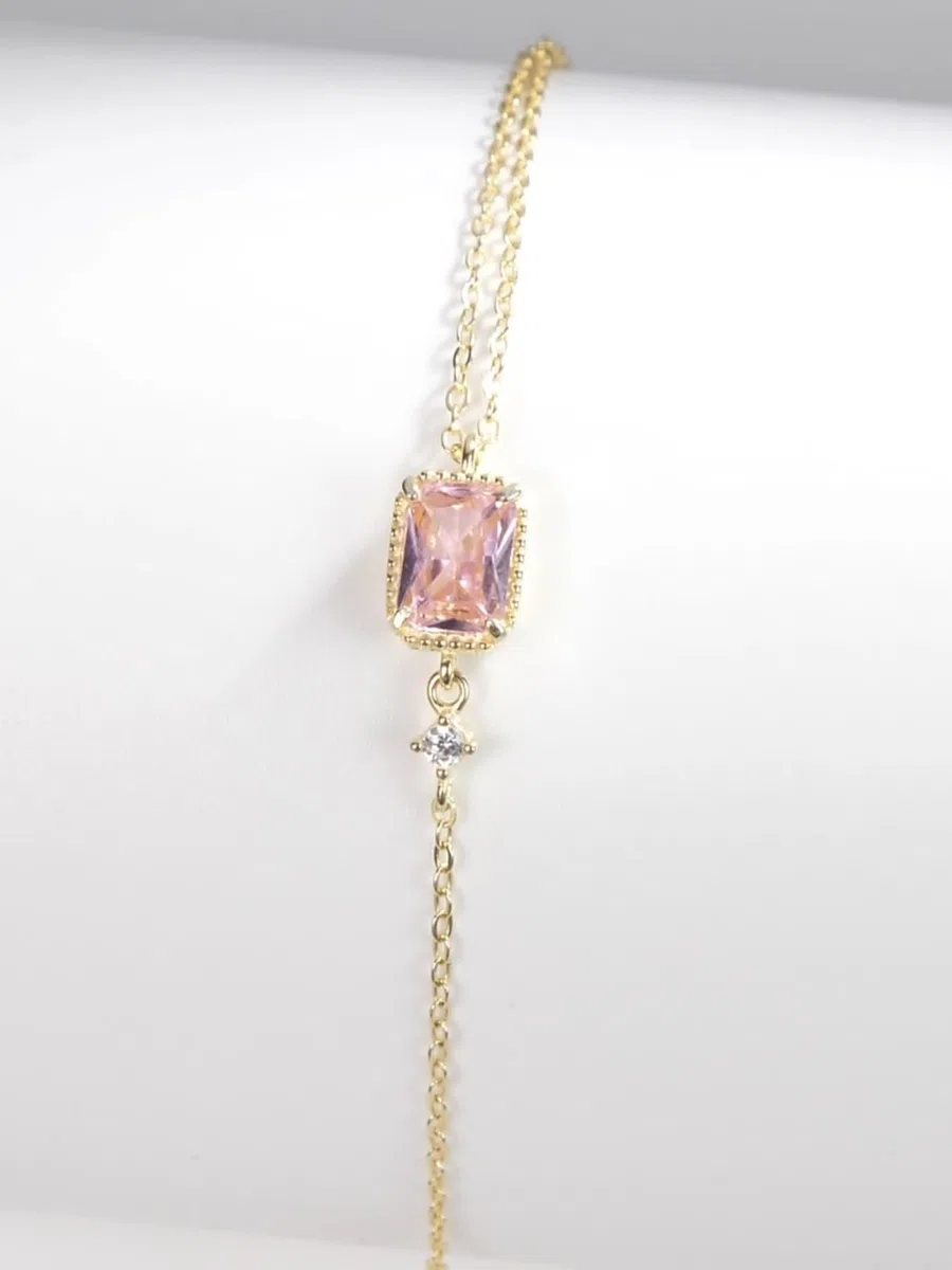 Pulseras rectangulares de San Valentín para mujer con zafiro rosa creado y moissanita, pulseras para mujer, oro amarillo de 9 K, 14 y 18 quilates