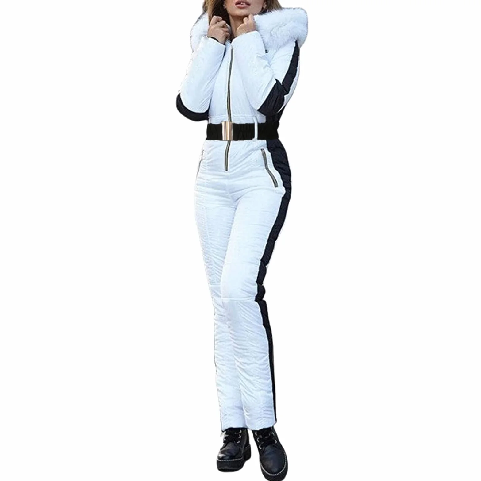 Mono de esquí para mujer, impermeable, cortaviento, traje de nieve largo con capucha y cremallera