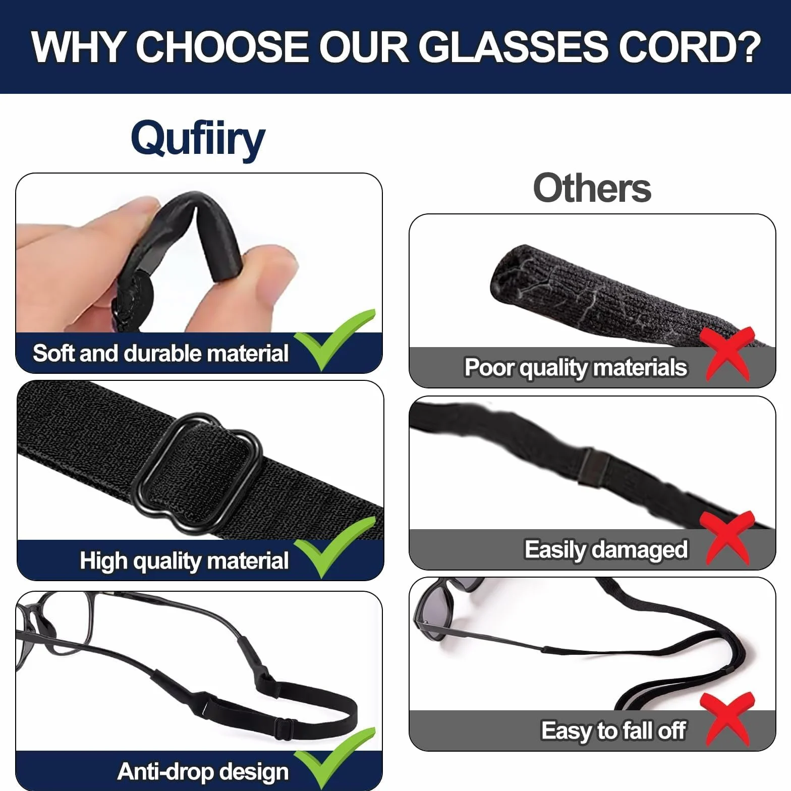 Qufiiry Cordón para Gafas Ajustable, Correa Elástica de Retención Universal, Deportivas y Gafas de Sol