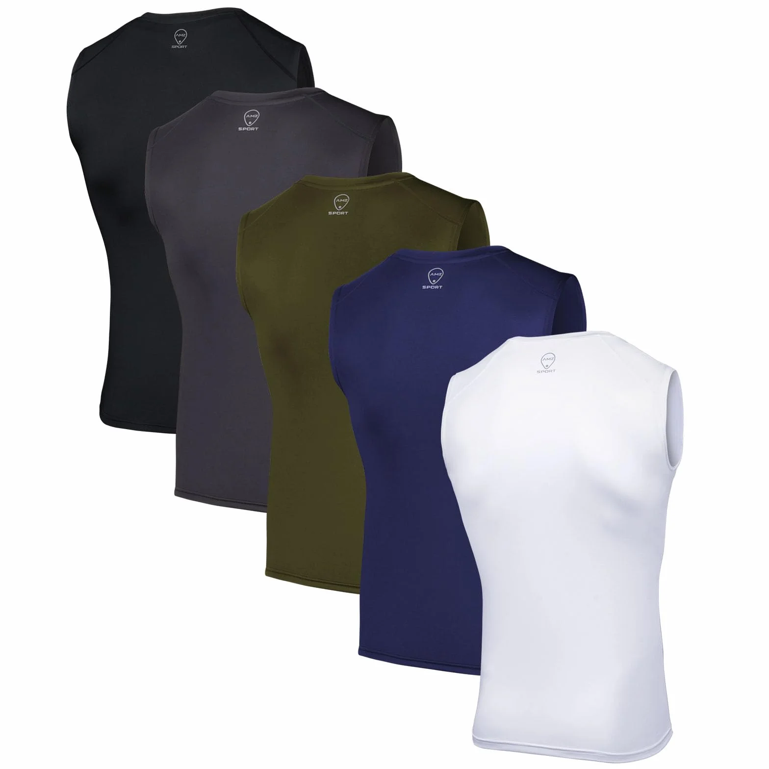 AMZSPORT Pack de 5 Camisetas sin Mangas para Hombre, Transpirables y de Compresión, para Running, Gimnasio, Fitness y Deporte
