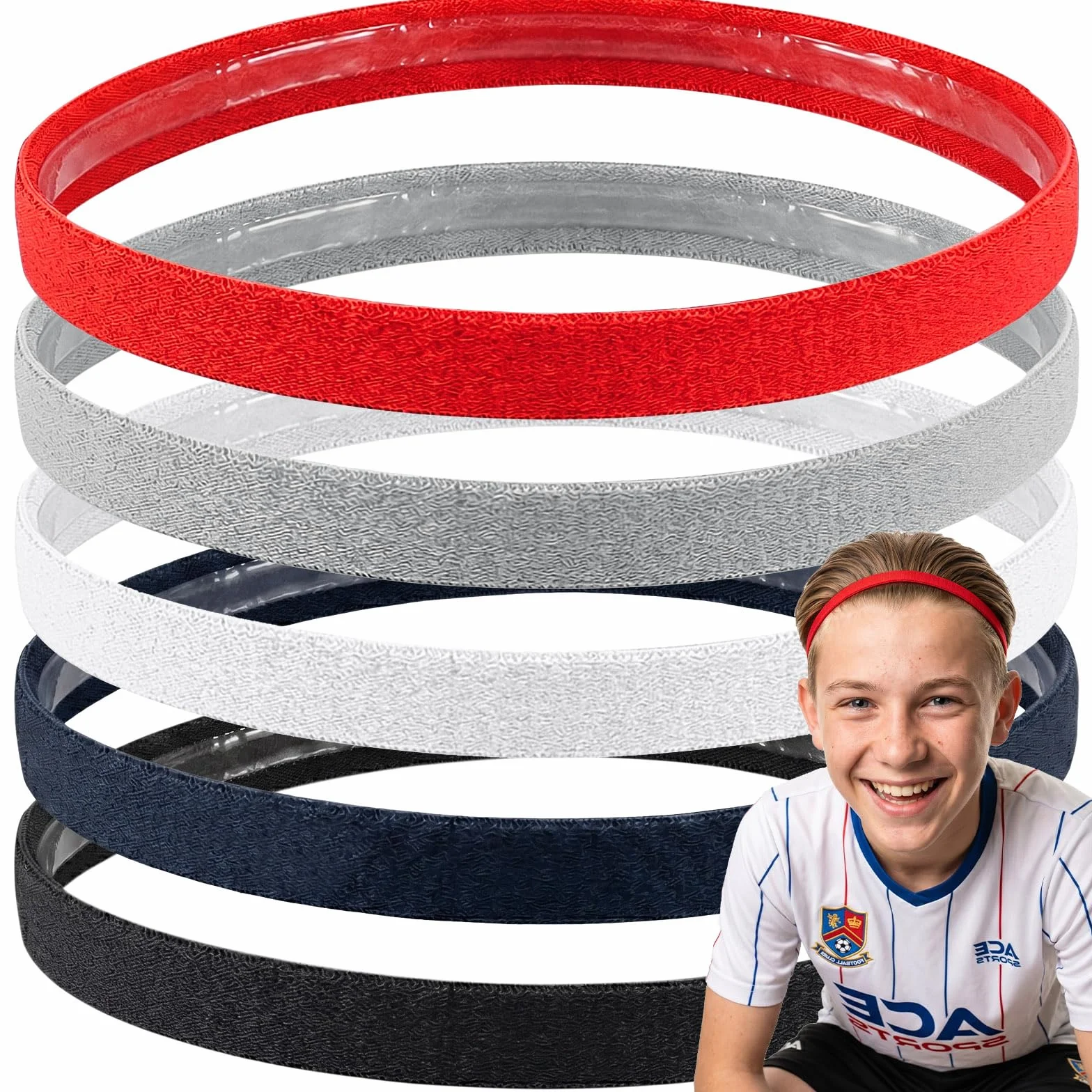 Awumbuk Cinta Pelo Deporte Niño, 5 Piezas Elastica Diadema Antideslizante para el Sudor Headbands Niño y Niña, para Fútbol, Correr, Yoga, Ciclismo, Baile