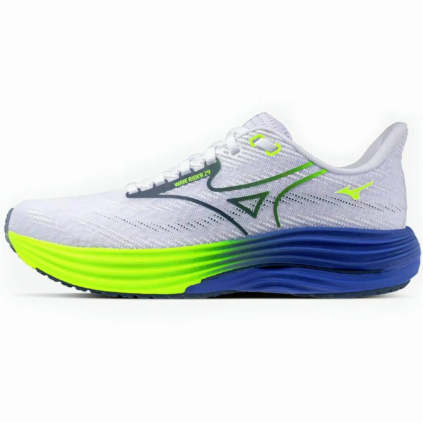 Mizuno Zapatillas de Correr Wave Rider 29 para Hombre, Blanco-Amarillo-Azul