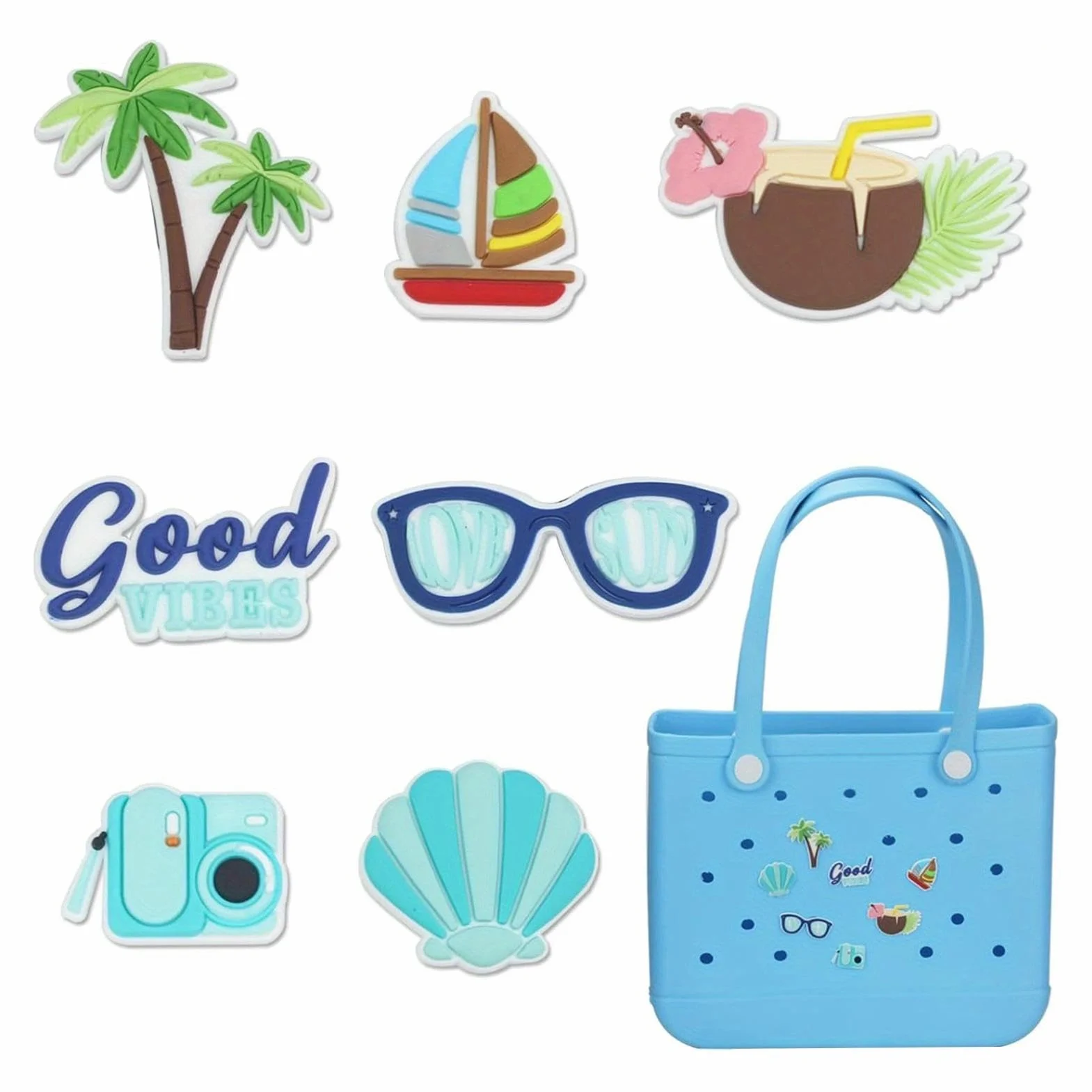 Teksome Abalorio de playa para bolsas de Bogg – 7 piezas de amuleto de playa de goma para bolsas de Bogg, insertos de goma de PVC extraíbles para bolsa de Bogg, accesorios de amuleto de playa