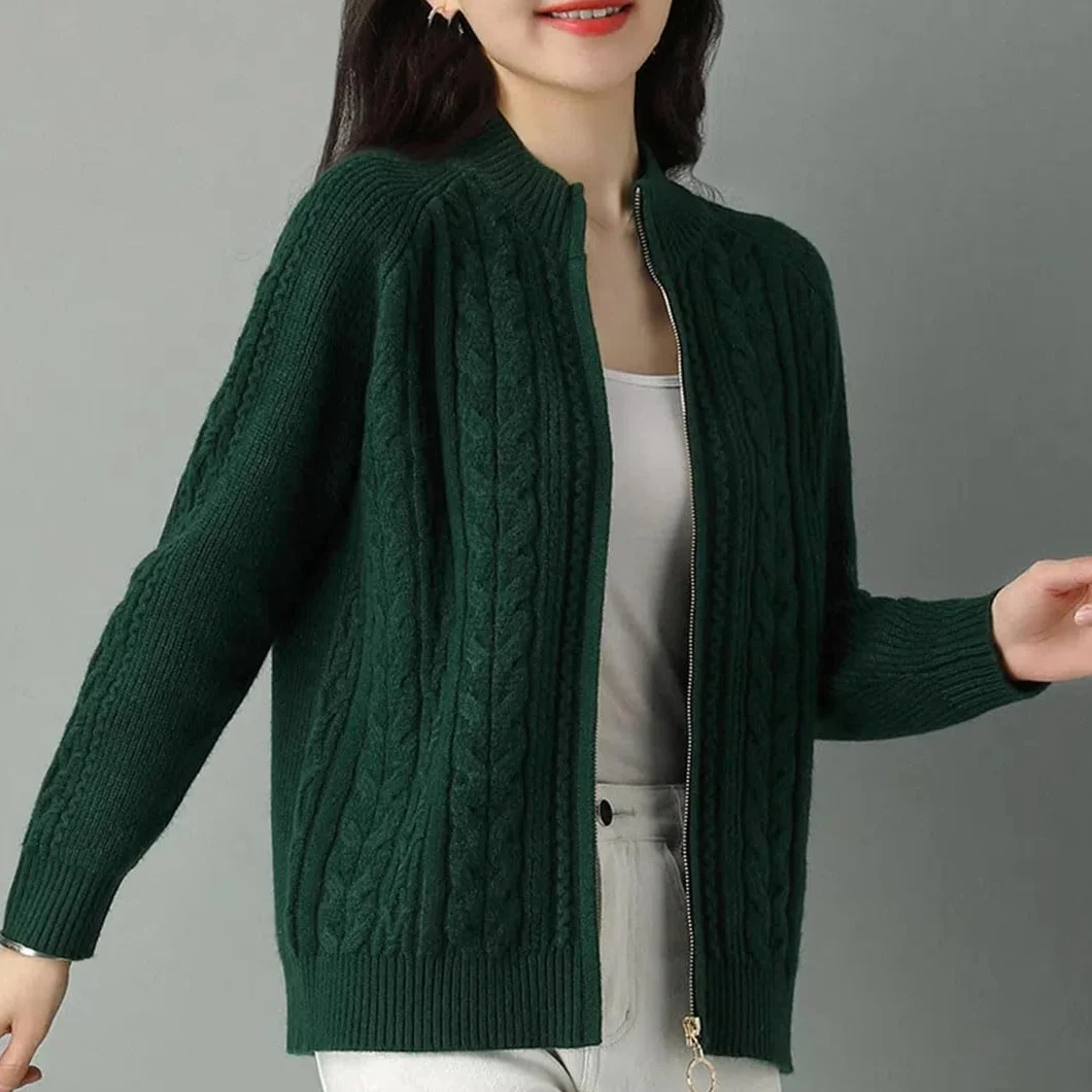 Chaqueta Tipo Cárdigan De Punto con Cremallera y Cuello Alto para Mujer, Manga Larga, Suéter Grueso
