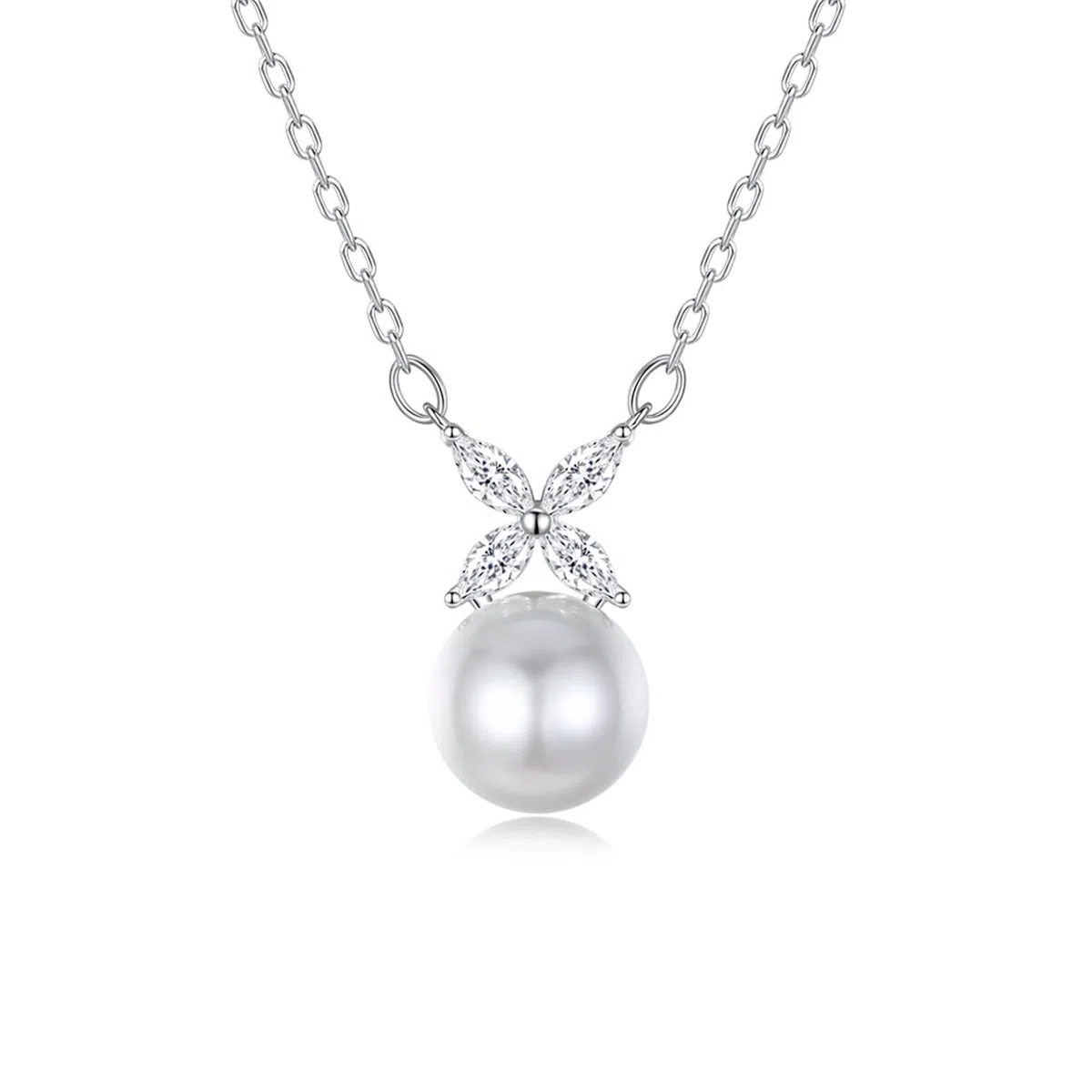 Collar de oro blanco para mujer, flor de moissanita y colgante de perlas de 8 mm, collares con colgante de 40 + 5 cm
