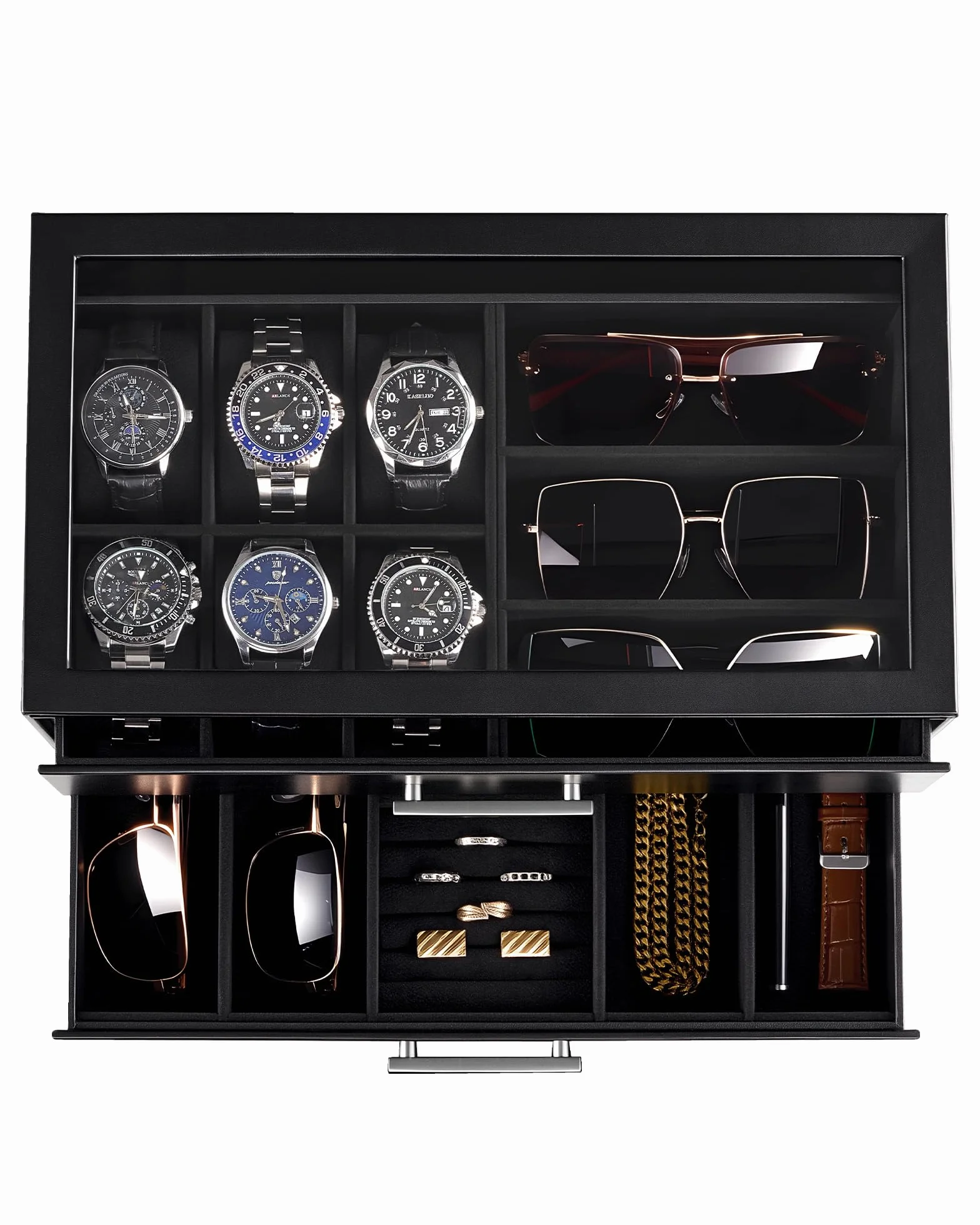 ProCase Caja para Relojes, Estuche para Relojes, Organizador de Joyas para Hombre, Almacenamiento de Joyas con Tapa de Cristal Transparente, 2 Niveles, Almacenamiento para Relojes, Gafas -Negro