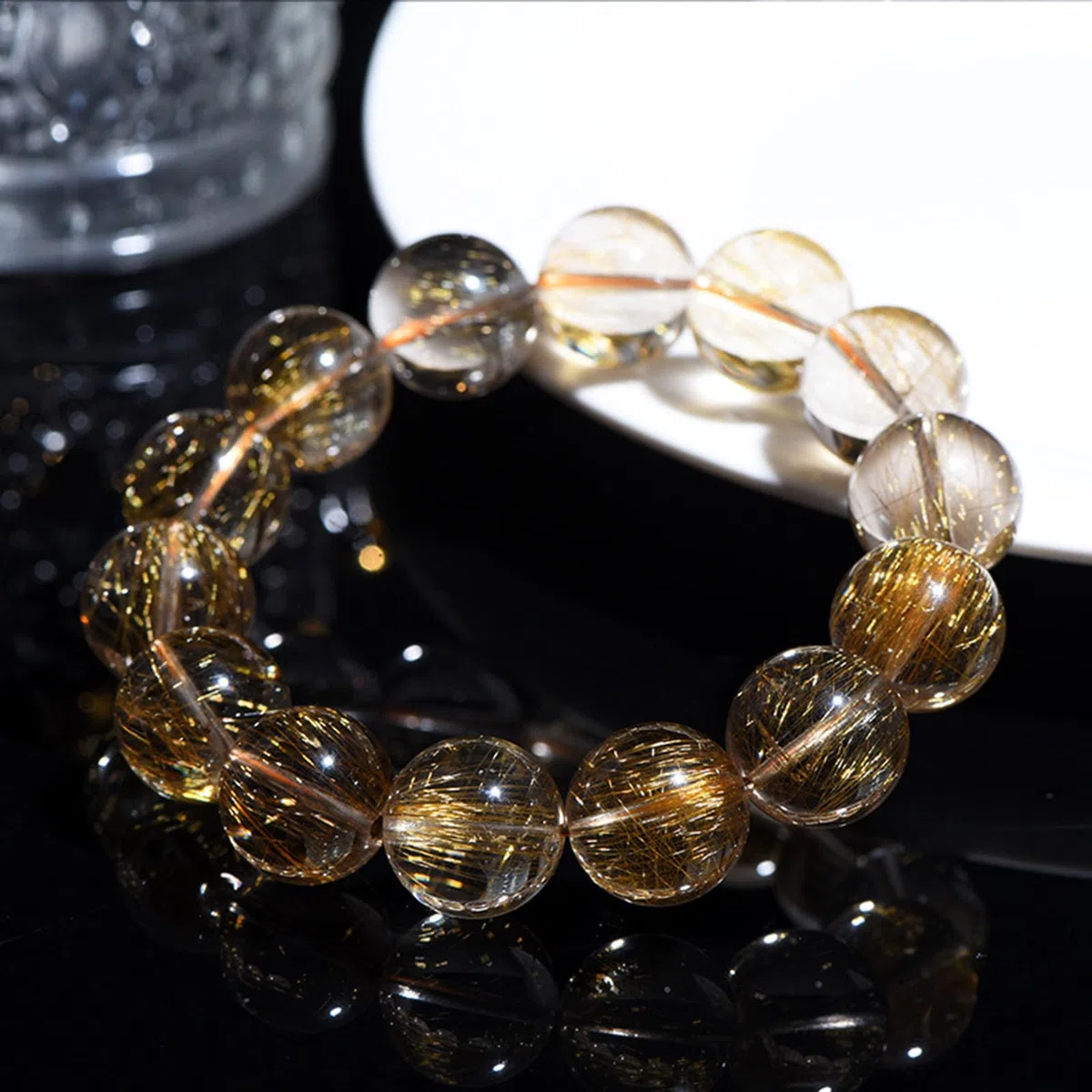 Pulsera de Cuentas de Chakras con Cristales de Piedras Preciosas, Cuentas de Cristal Natural, Cuarzo rutilado Dorado, Cuentas de Piedra Lisas Redondas pulidas, Cuentas de Piedra,6a,13MM