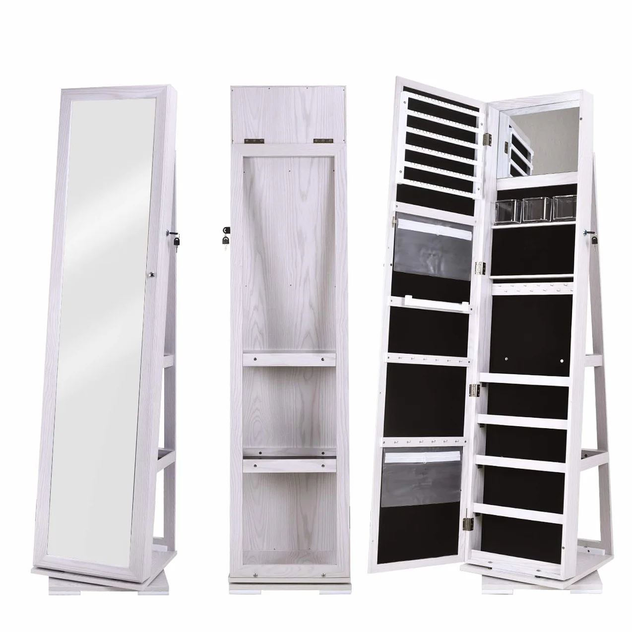soges Armario Tocador con Espejo de Pie - Compartimento con Llave, 160 cm Altura, 360° Giratorio • Ideal para Joyas, Cosméticos y Bolsos • Perfecto para Dormitorio y Vestidor, Blanco