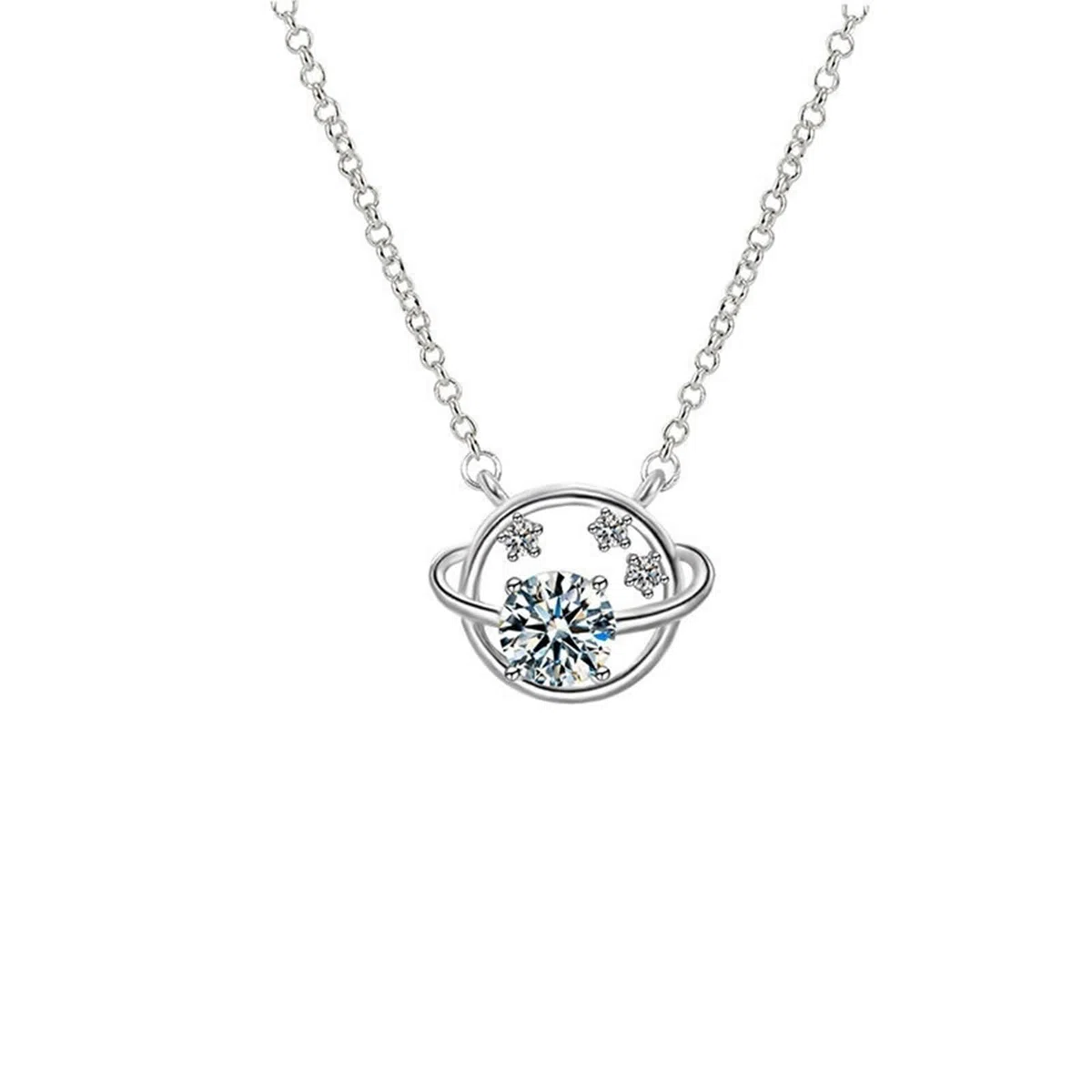 Colgante Collar Oro Blanco Mujer 9K / 14K / 18K, Planeta y Estrella con Diamante Creado y Moissanita, Colgante de Plata de Mujer