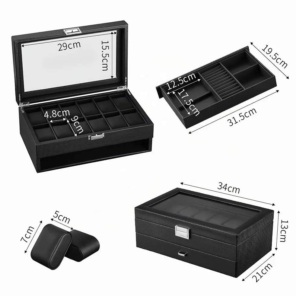 Caja para relojes con 2 niveles, caja de almacenamiento para relojes con tapa de cristal, caja de joyas, 12 compartimentos y 1 cajón para relojes, anillos, pulseras, Fibra de carbono--w60b