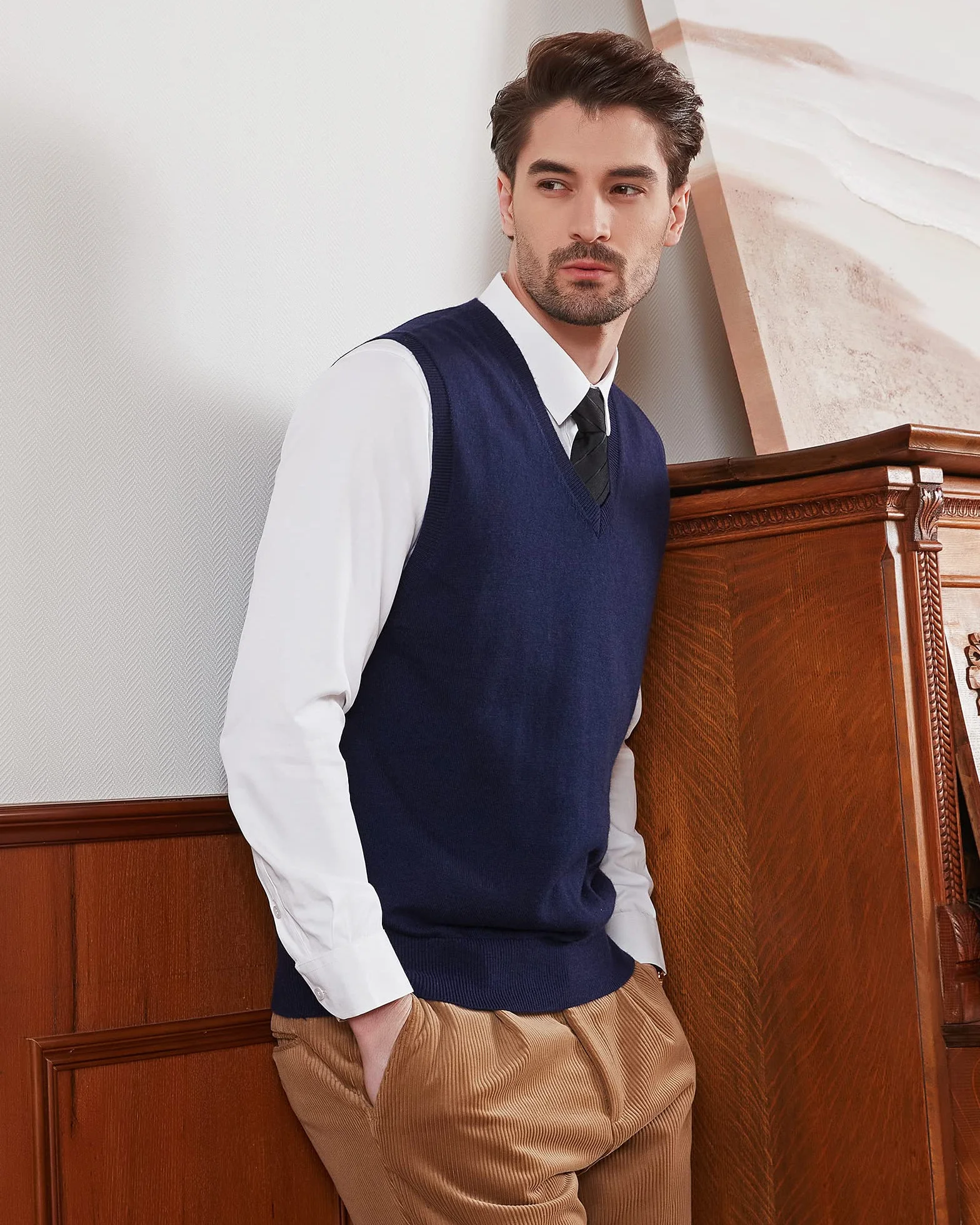 Kallspin Chalecos de Lana Mixta para Hombre Corte Relajado Cuello en V Jersey sin Mangas