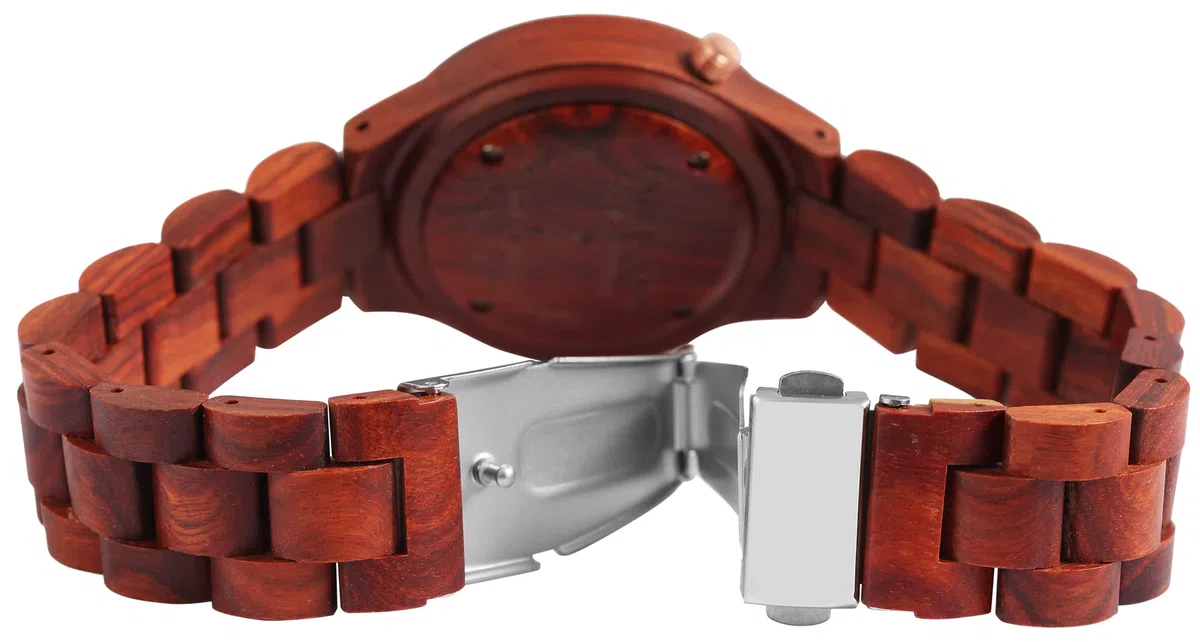 Excellanc Reloj Pulsera Agujas de Madera para Mujer con Cierre Desplegable Analógico de Cuarzo 1800236, Madera de Sándalo Rojo