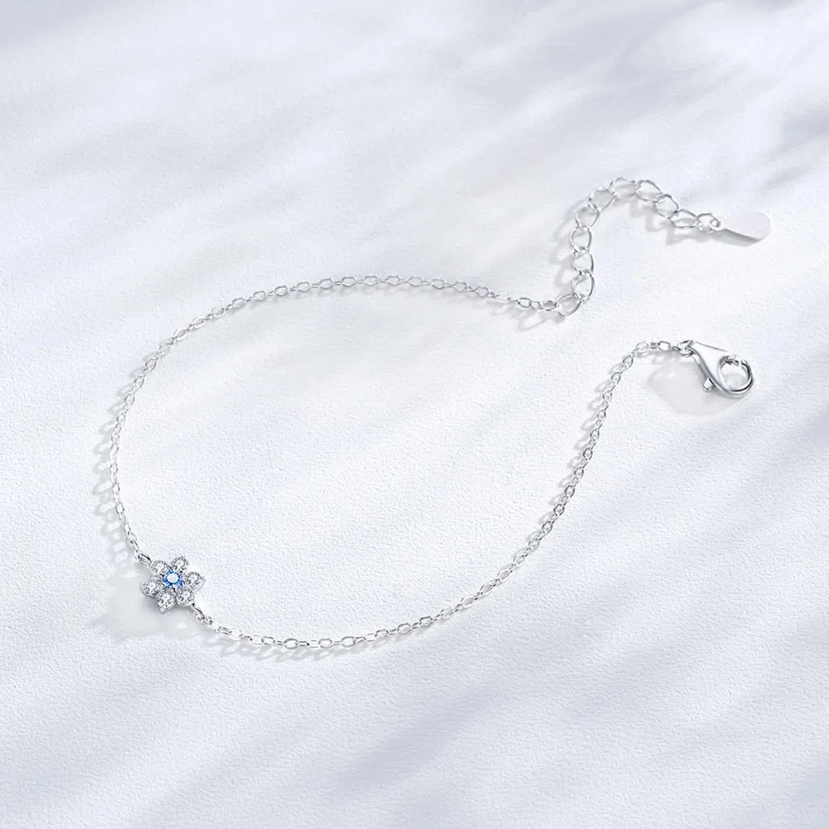 Pulseras Oro Blanco Mujer 9Kilates / 14Kilates / 18Kilates, Flor con Aguamarina y Diamante Creado, Cadena Extensible 16 CM + 5 CM, Pulsera de Mujer Ajustable Plata Azul Claro