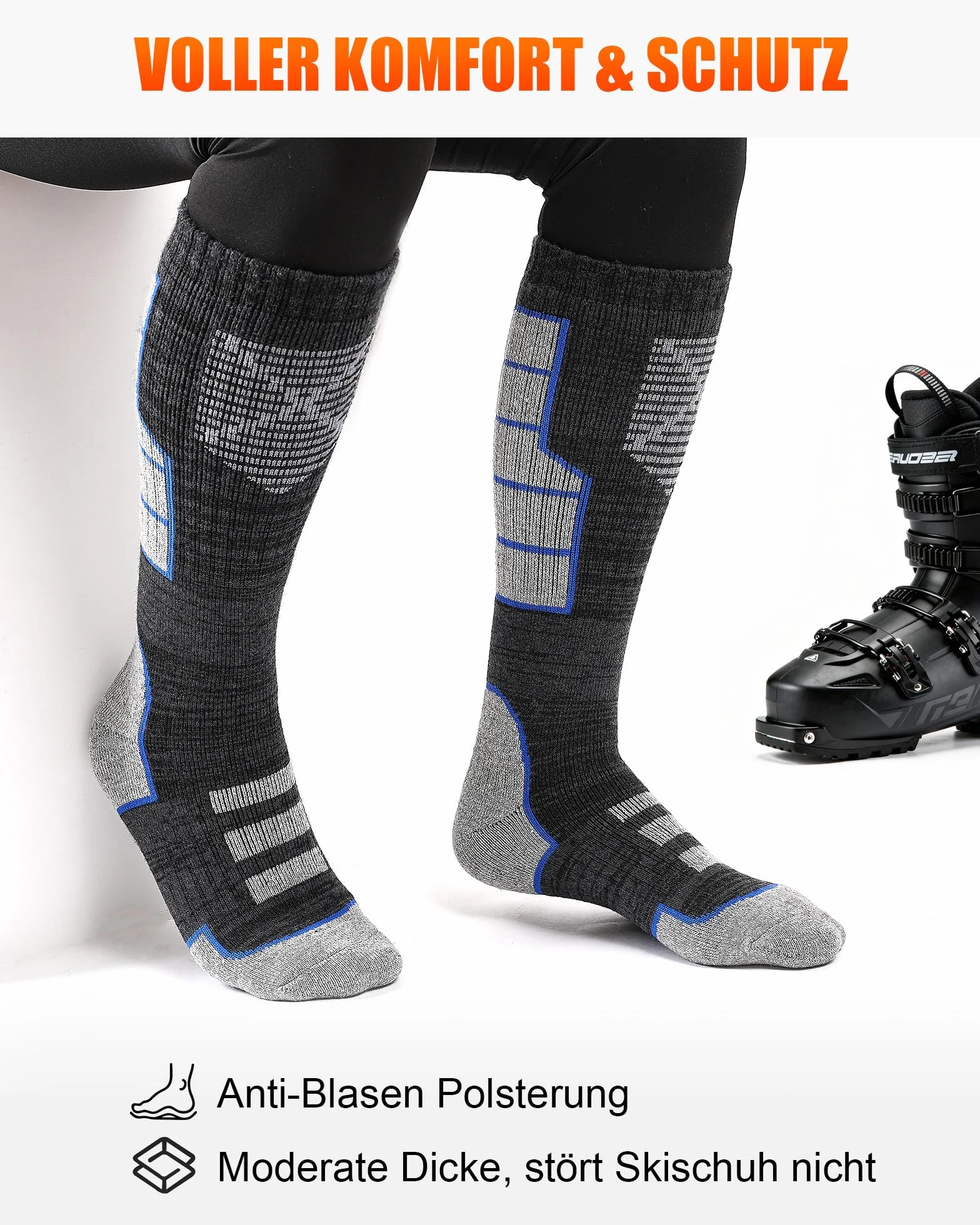 Niofind Calcetines de esquí de merino para hombre y mujer, 2 pares, de rizo completo, calcetines térmicos, calcetines cálidos de invierno, calcetines de esquí que absorben la humedad para clima frío