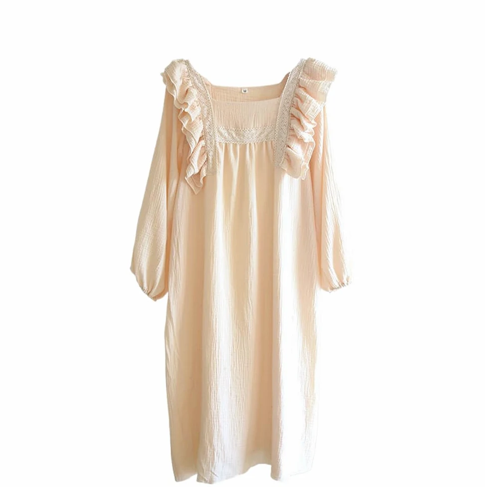 Camisón para Mujer - Primavera/Verano Señoras Camisón De Crepé De Algodón Mangas Finas De Hoja De Loto Cuello Cuadrado Color Sólido Vestido Largo De Gran Tamaño
