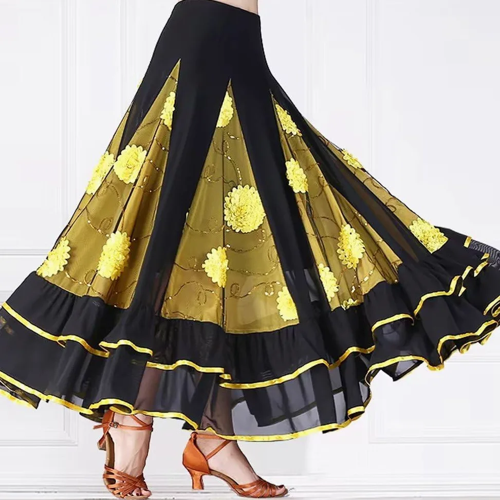 Falda De Baile Lírico para Mujer, Falda Larga De Gasa con Flores De Lentejuelas, Faldas Envolventes Transparentes, Falda Larga De Baile Social para Actuación De Ballet Moderno