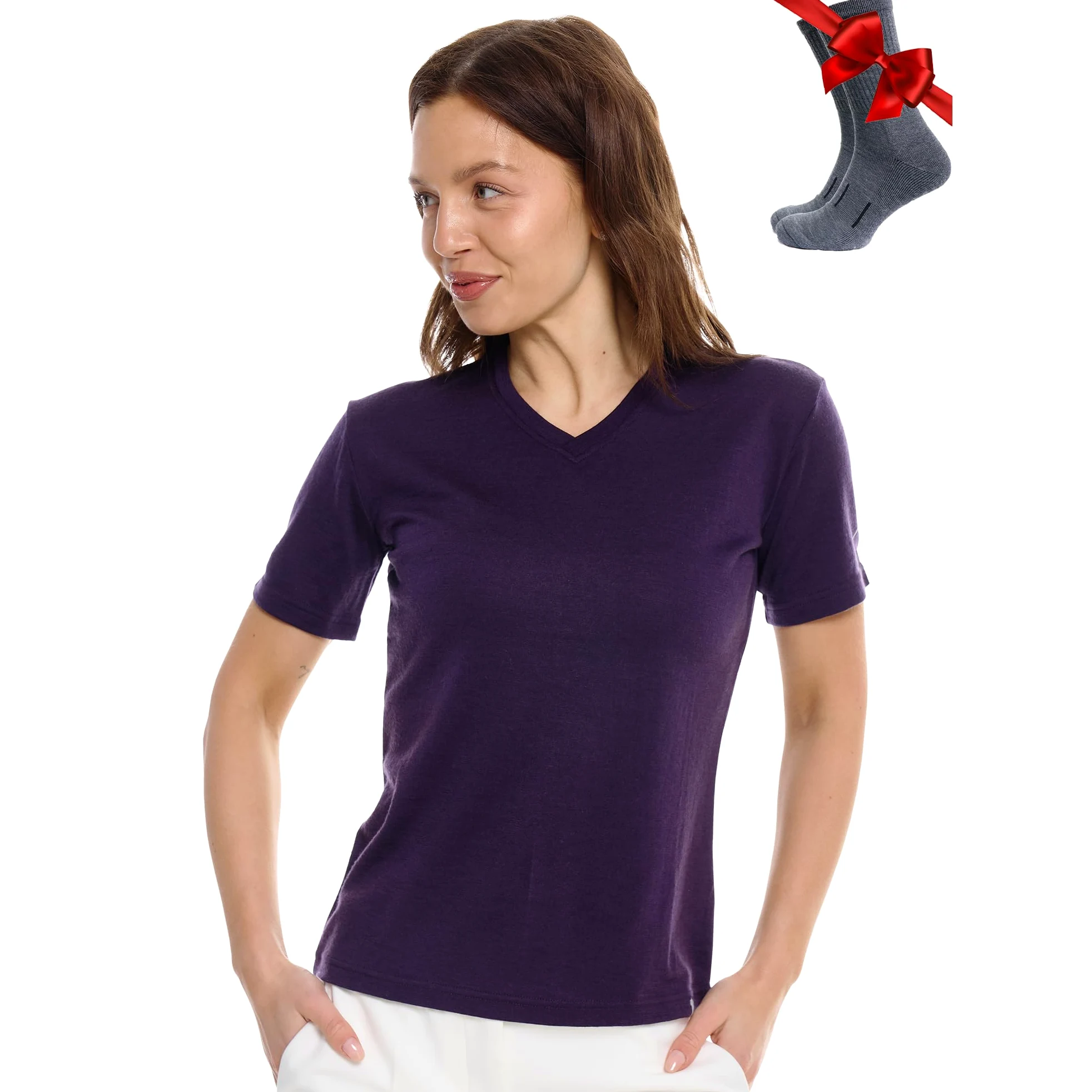 Merino.tech Camiseta Lana Merino Mujer — 100% Merino Lana Camiseta Interior Mujer con Calcetines (Medium, Dark Purple V-Neck)