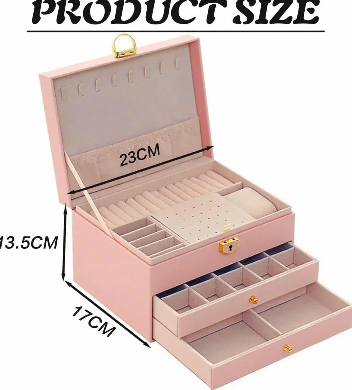 Joyero de 3 niveles, apilable, 2 cajones, caja de almacenamiento con compartimentos, con cerradura y llave, para pendientes, anillos, pulseras, collares (rosa)