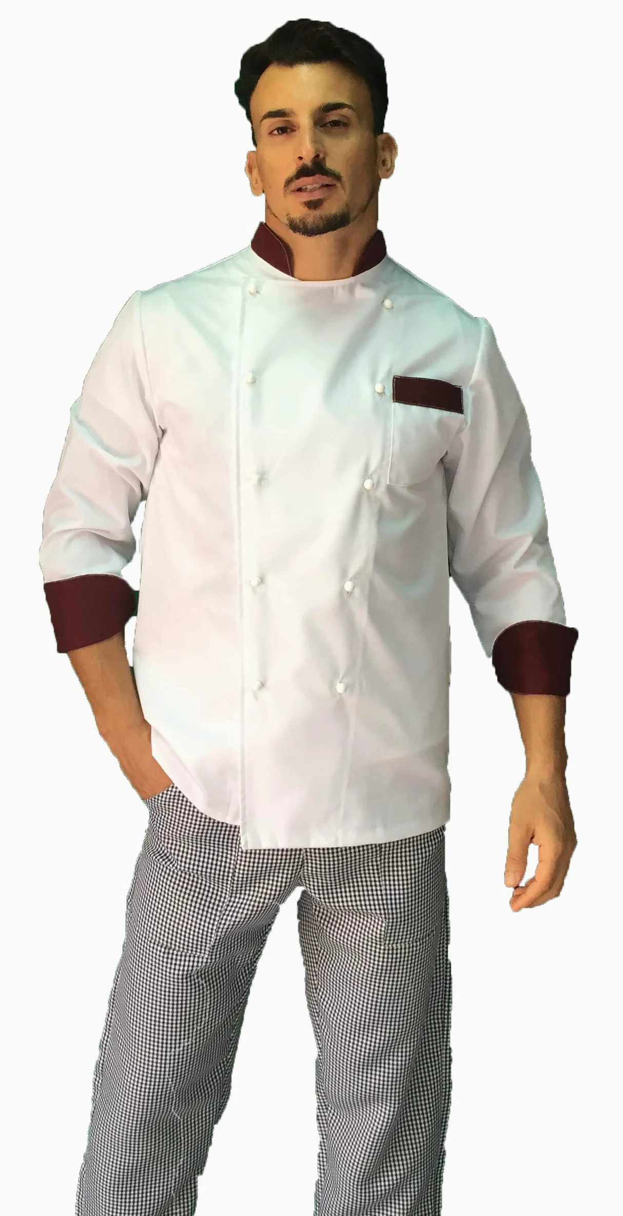 Bordado gratuito – Conjunto de cocinero de cocina – uniforme de chef blanco y burdeos – Chaqueta, pantalón y delantal – Fabricado en Italia Color blanco. L