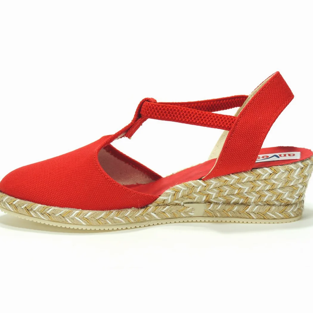 Alpargatas Valencianas Zapatillas para Mujer. Marca ANVESA 419. Cuña de Esparto Cáñamo y Yute - Marca Sevillas - Ajuste con Elástico Rojo Talla 39