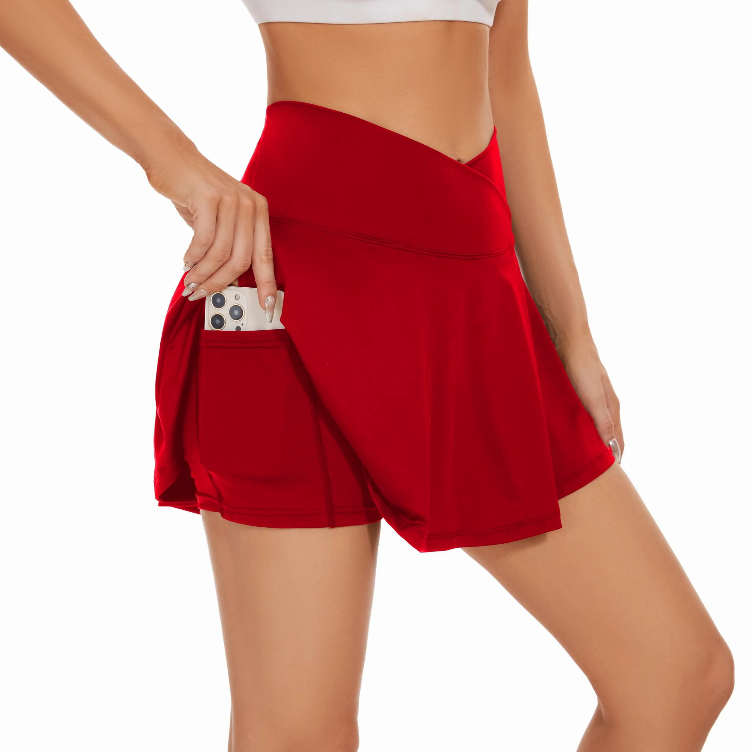 bpbtti Paquete de 1 o 2 Faldas de Tenis Cruzadas con Bolsillos, de Cintura Alta, Plisadas, Pantalones Cortos Integrados para 2024, Rojo -, Large