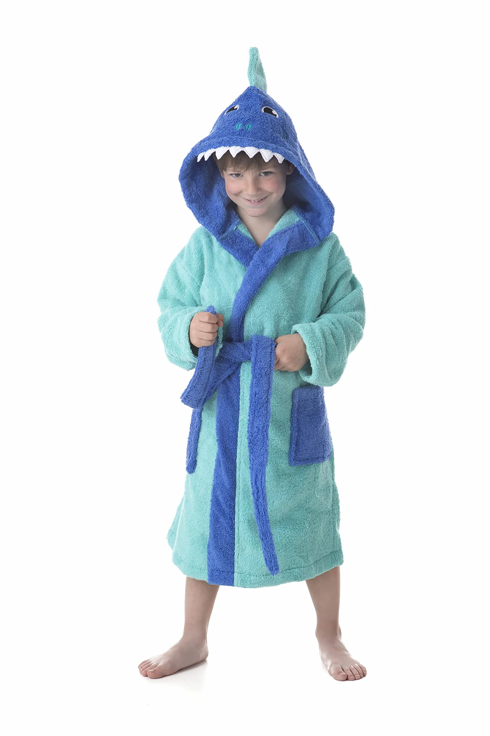 Albornoz Baño Niño Infantil 100% Algodón Bata con Bolsillos, Dibujos y Capucha Shark-Turq (2-4 años)