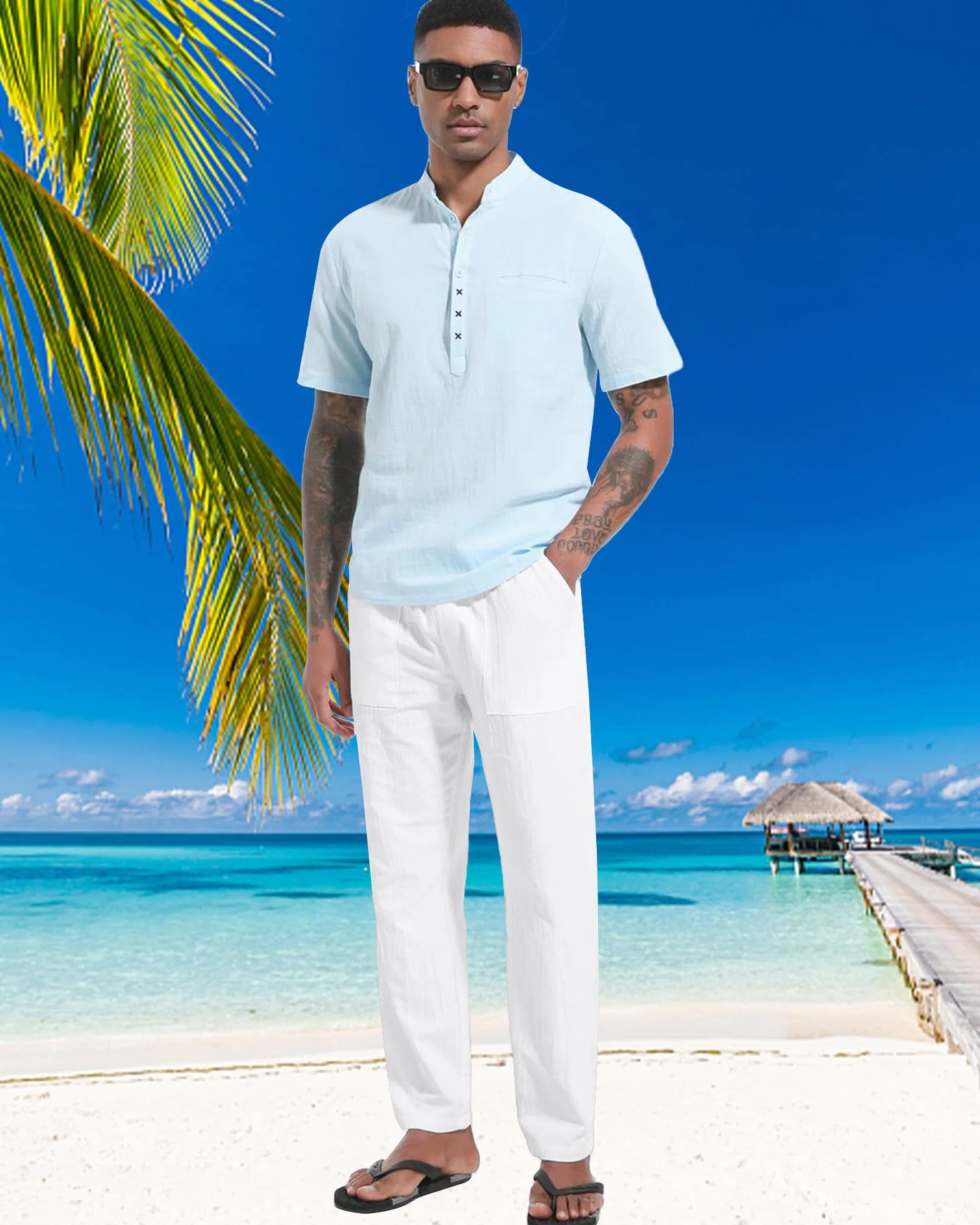 LVCBL Pantalones Deportivos Casuales de Lino para Hombre para Verano Holgados para Yoga Playa con Cintura Elástica