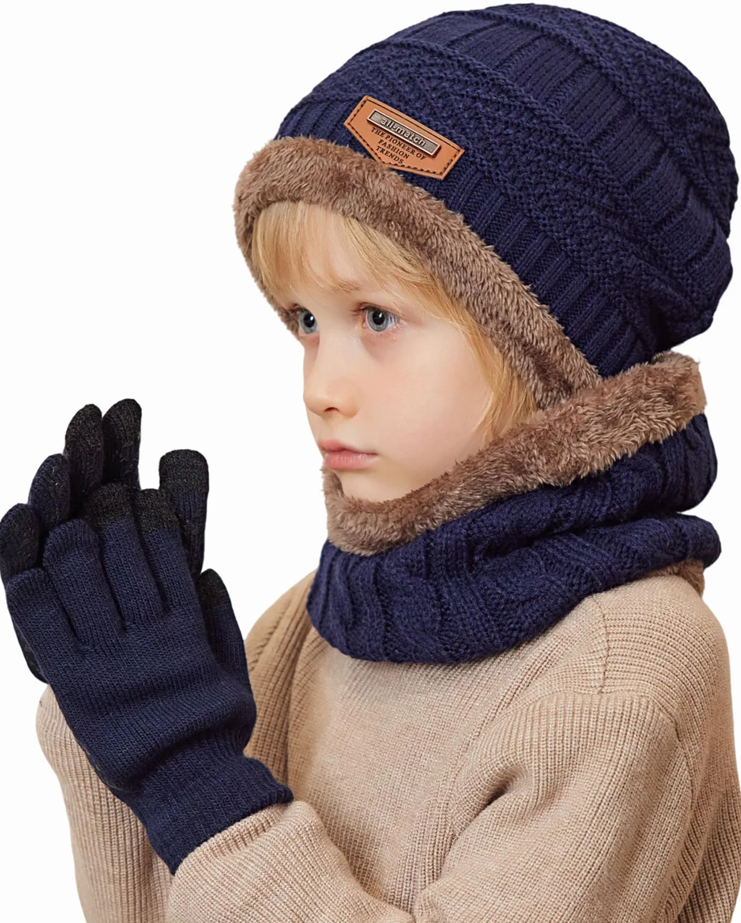 Conjunto de Gorro, Bufanda y Guantes 3PCs para Niños, Gorro de Punto con Forro Polar, Guantes Táctiles de Invierno