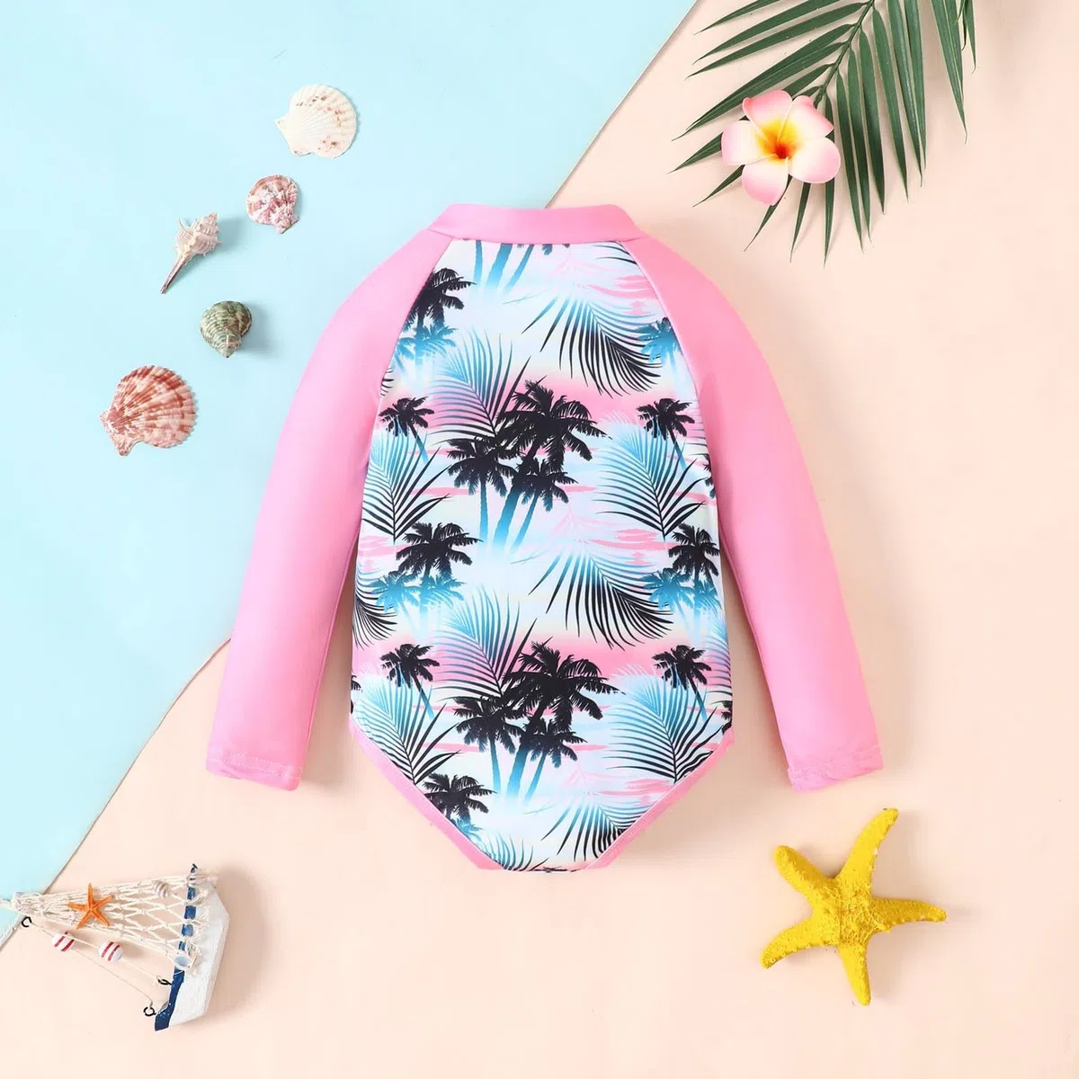 Generisch Bañador para niña con mangas largas, diseño tropical, protector solar, traje de baño para niños pequeños y niños