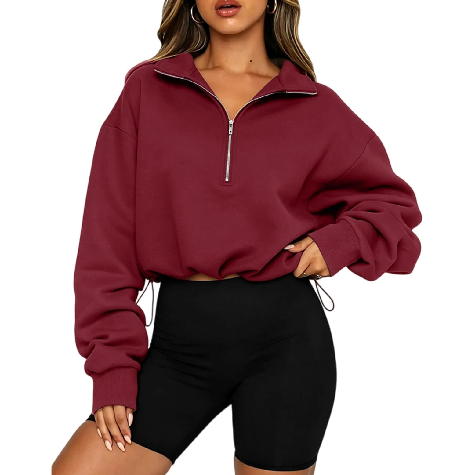 Sudadera corta de cuello alto con cremallera de un cuarto para mujer | Sudadera ligera de cuello alto con cordón ajustable, estilo casual de otoño, con media cremallera y manga larga