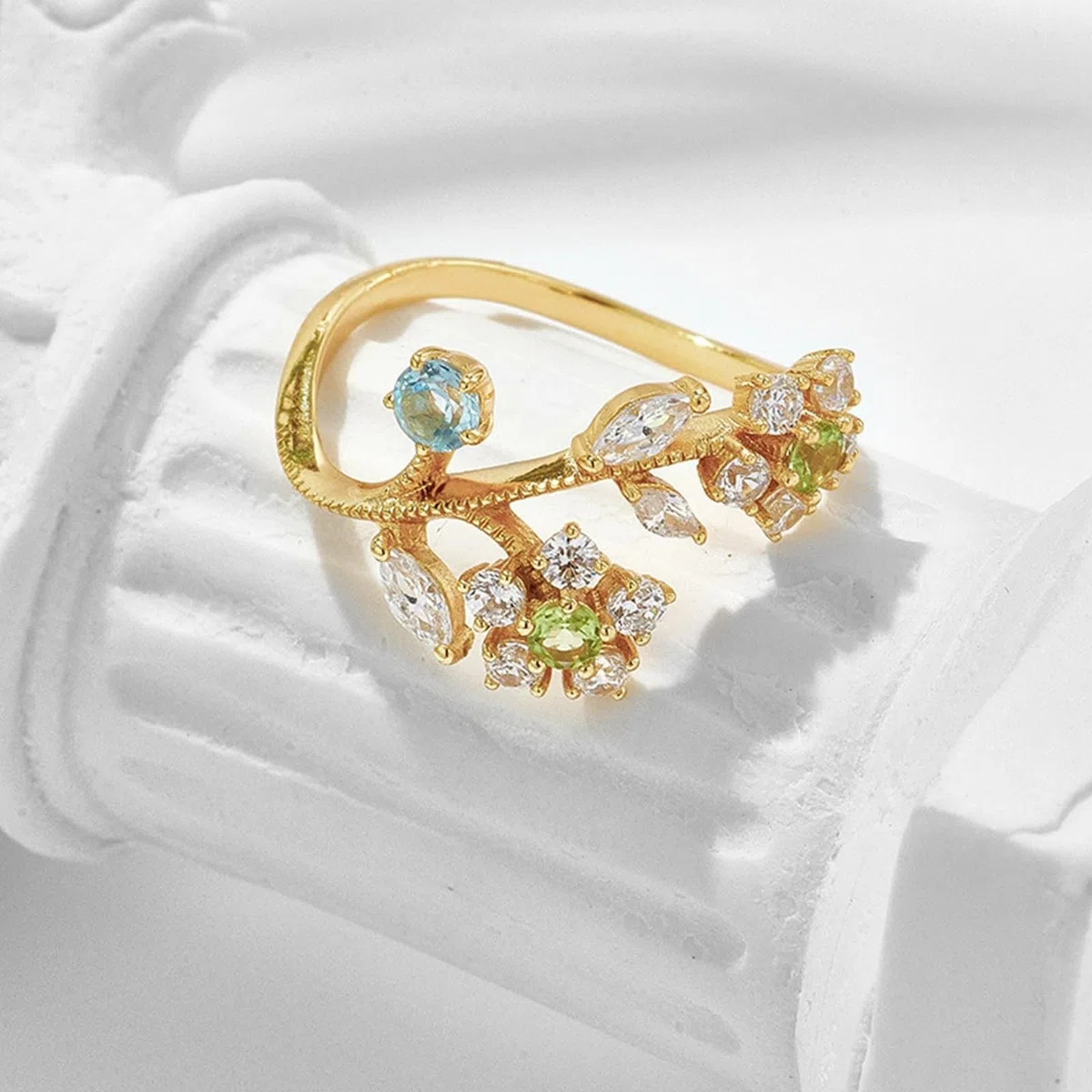 Anillo de boda auténtico de 9 K/14 K/18 K oro amarillo con peridoto verde, hojas de flores