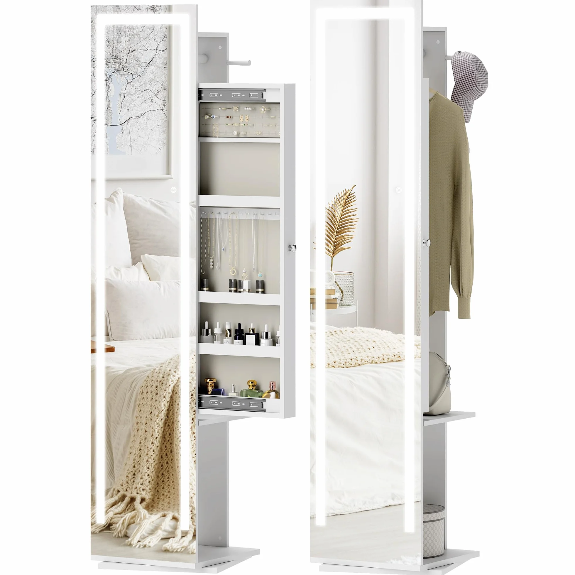 HOMCOM Espejo Joyero con Luces LED, Armario Joyero con Espejo de Cuerpo Entero sin Marco, Armario para Joyas Giratorio 360° con Estantes Abiertos, Perchero y Barras para Colgar, Blanco y Forro Beige