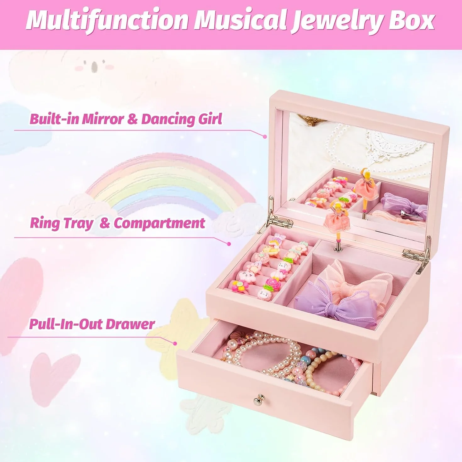 Joyero Musical Niña de Madera con Bailarina Giratoria, Regalo Navidad Cumpleaños (Rosa)