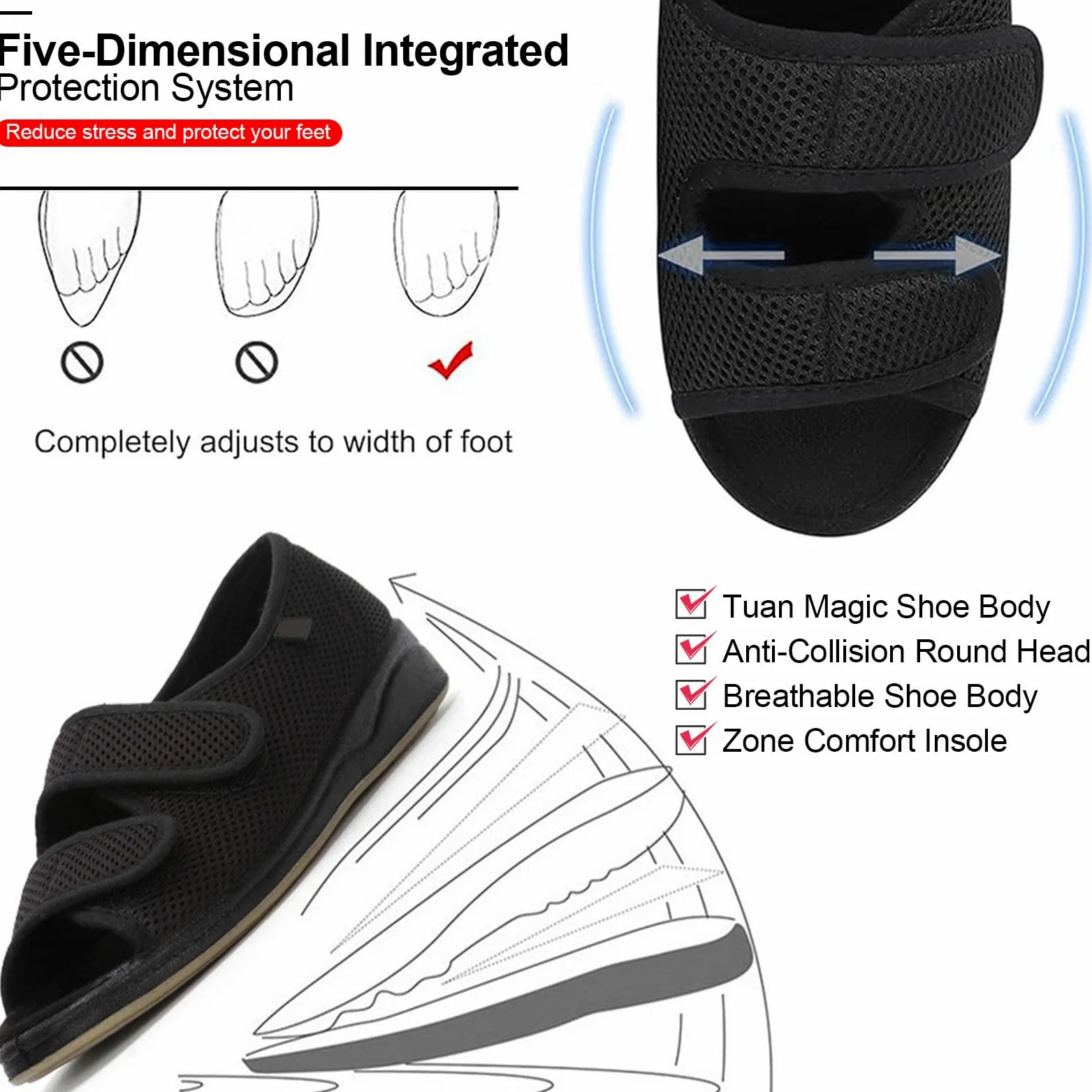Zapatos Diabéticos para Mujeres Zapatillas Pies Diabéticos para Mujer Ajustable Zapatos Ortopédicos Anchos Especiales para Pies Hinchados Antideslizante Zapatillas Planas Black 38