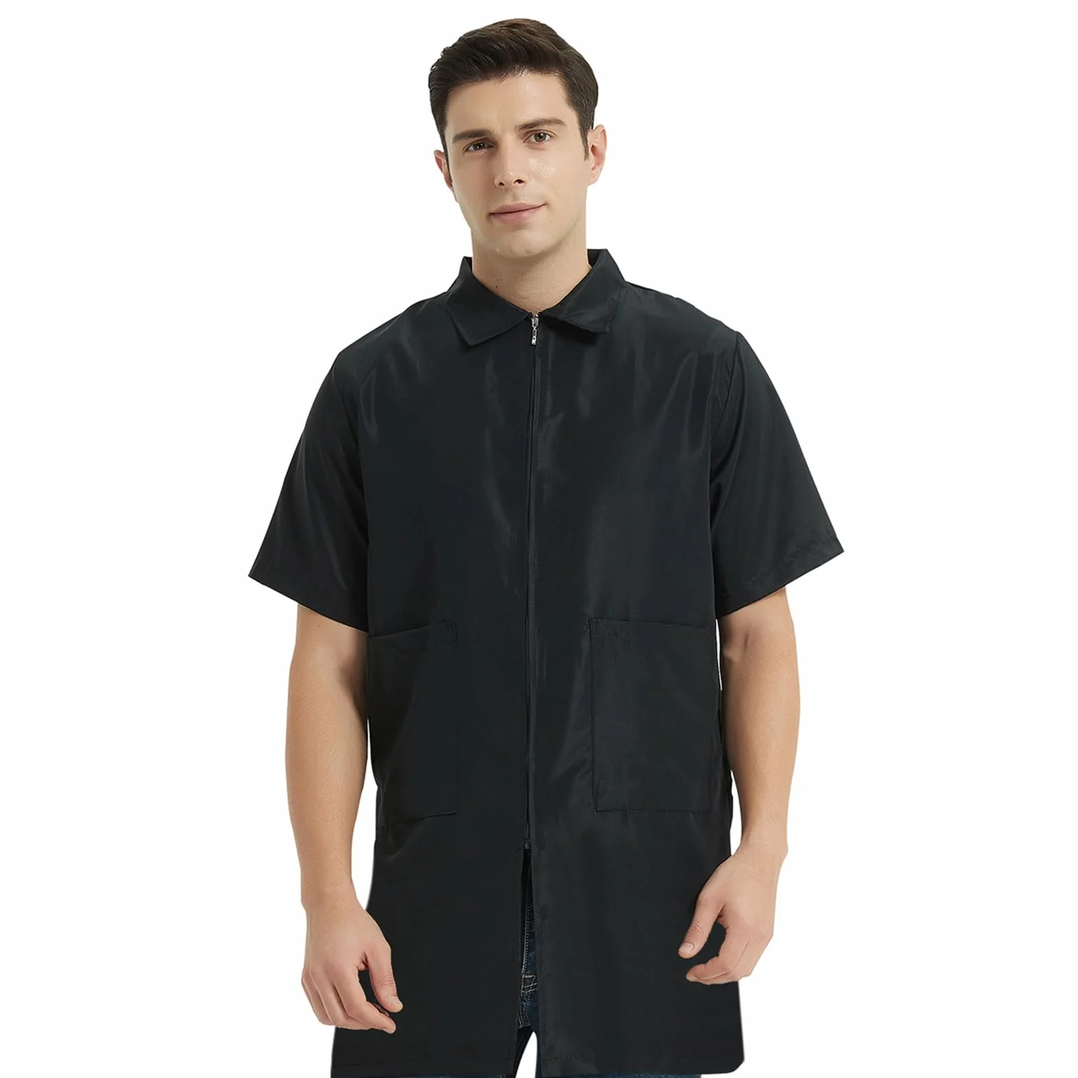 TOPTIE Chaqueta de Barbero Manga Corta Hombre Ropa Trabajo Uniformes Peluquería Camisa Negra Cremallera Bolsillos Corte Holgado
