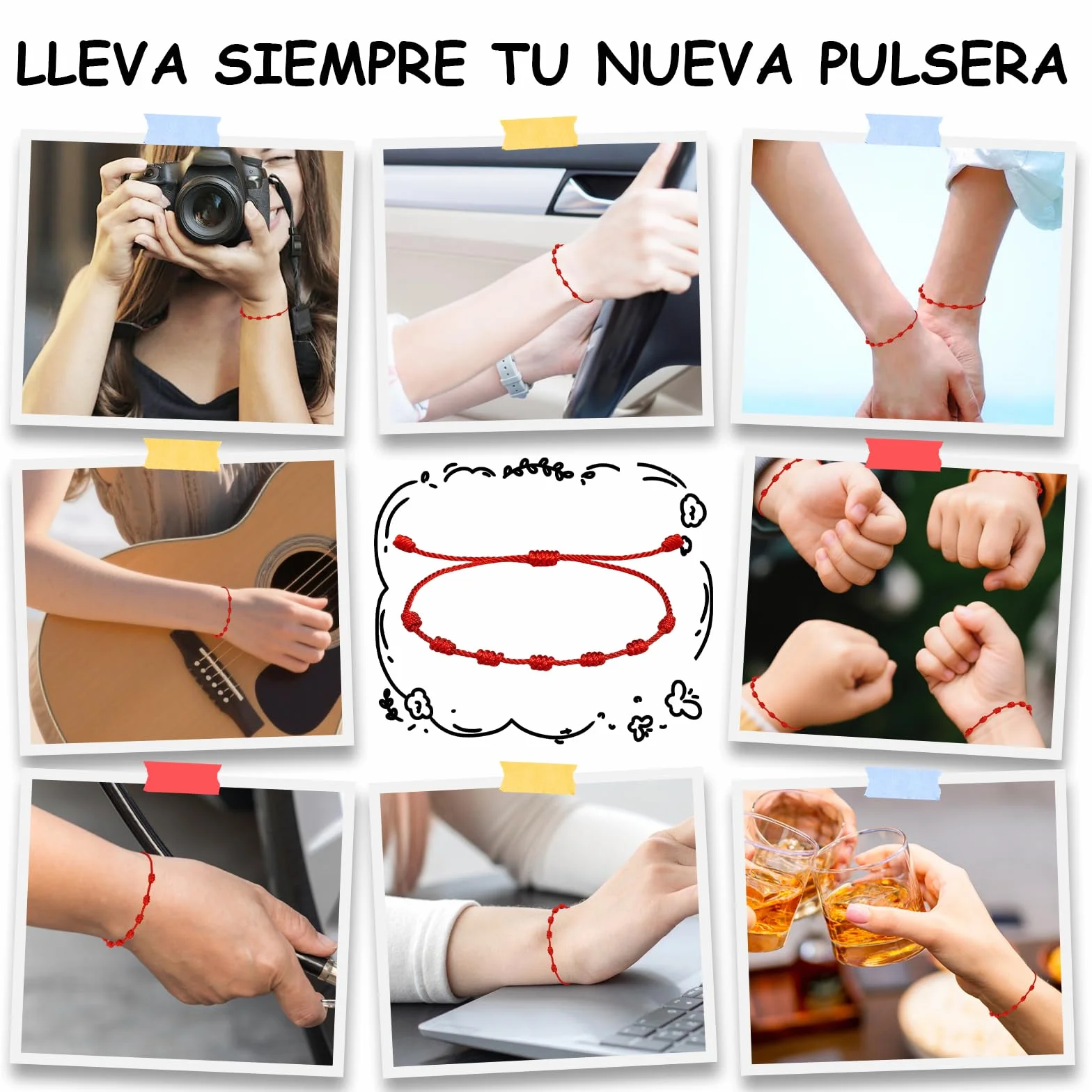 Pulsera Roja de 7 Nudos Suerte Protección Amuleto Hilo Ajustable Hecho a Mano