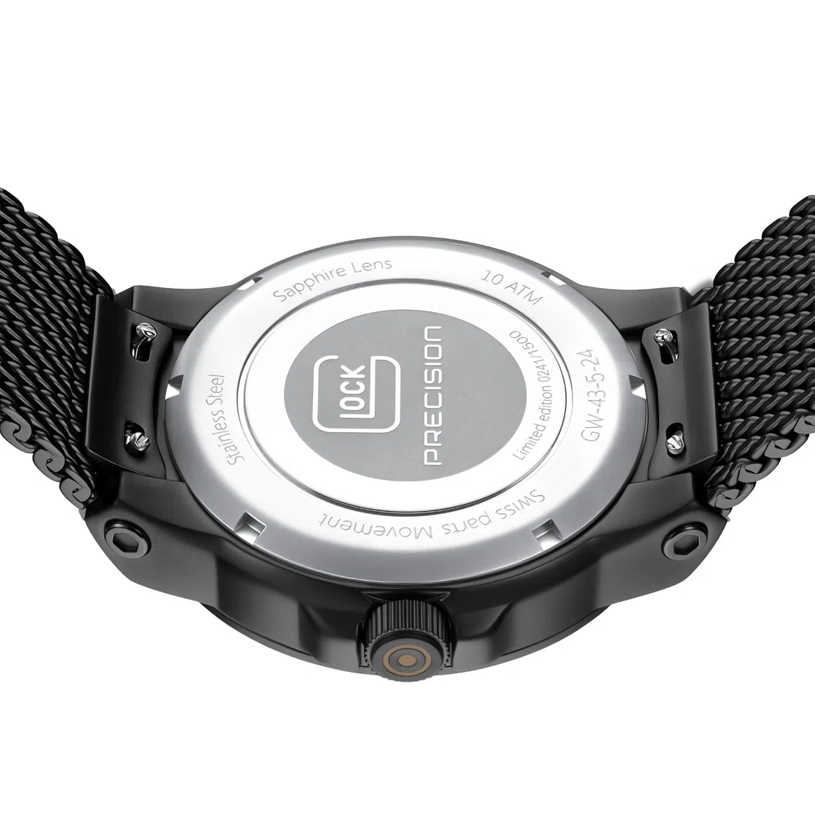 GLOCK Reloj de cuarzo para hombre | Caja de 43 mm | Reloj de pulsera con caja de acero inoxidable negro | Esfera con textura de arena | Correa de malla negra | 10ATM | GW-43-5-24