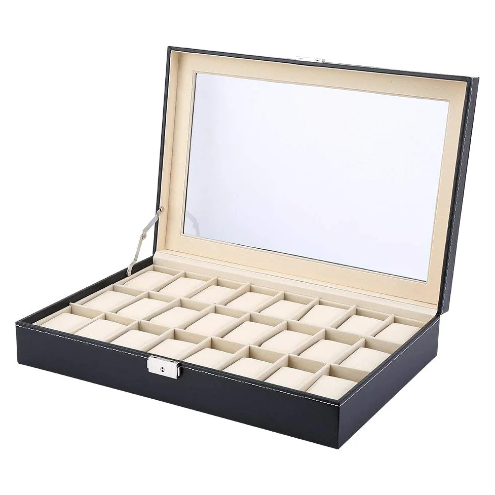 Ejoyous Caja para relojes para 24 relojes, caja para relojes, caja para guardar joyas, caja de reloj con cerradura de metal y cojín para reloj, tapa de cristal, 43 x 29 x 8,5 cm