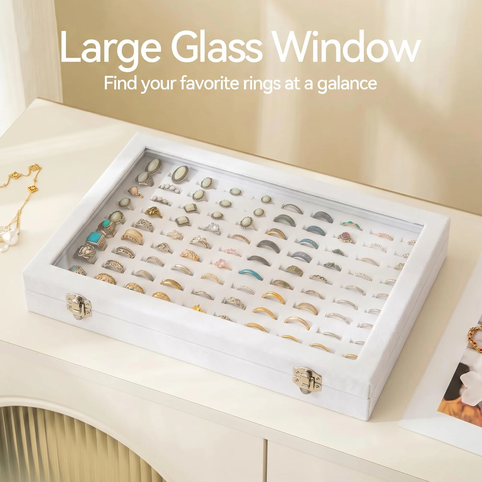 Frebeauty Bandeja organizadora de anillos con 100 ranuras para anillo con tapa transparente, caja de almacenamiento de anillo de terciopelo, bandeja de anillo(Blanco)