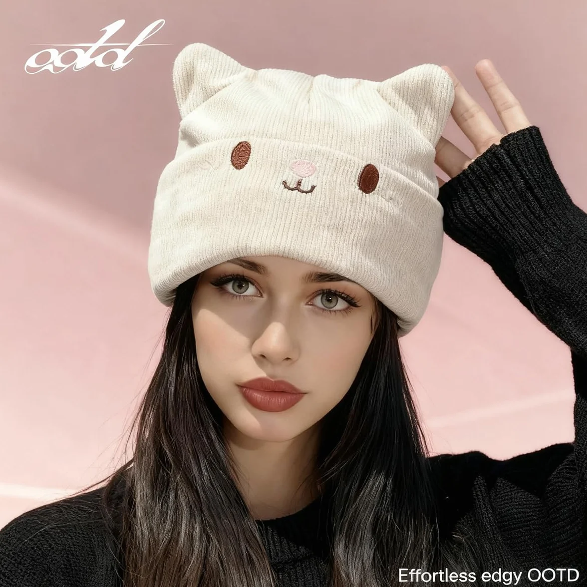 Gorros de punto para mujer de invierno forro polar, gorro fino hombre diseño orejas gato, 54-59 cm