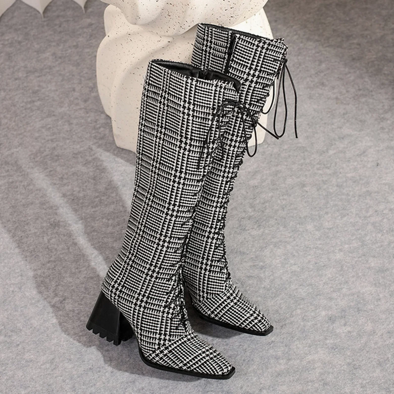 Botas de Vestir Rujer Botas largas de tacón Grueso con Cremallera Lateral con Cordones en la Parte Delantera Puntiaguda Estampado Leopardo para Mujer