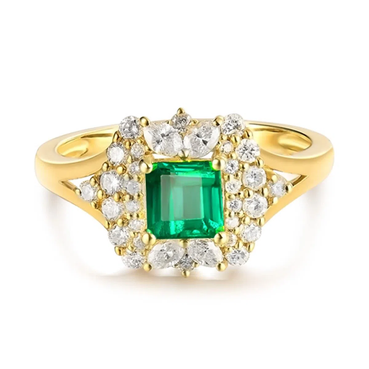 Anillo Esmeralda, Anillos Mujer Joya Oro Amarillo de 18K Esmeralda Cuadrada de 4 Puntas de 0,59 ct Con Diamante de 0,55 ct para Aniversario