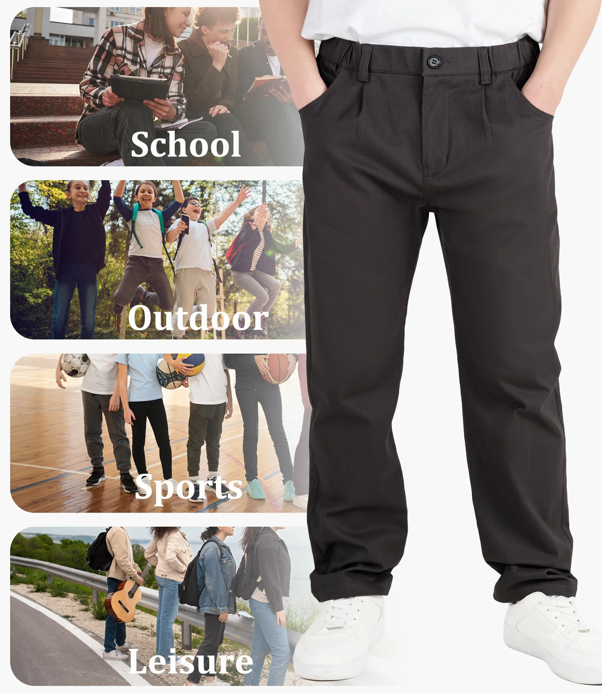 CAMLAKEE Pantalones de pierna recta para niños, pantalones chinos escolares con cremallera